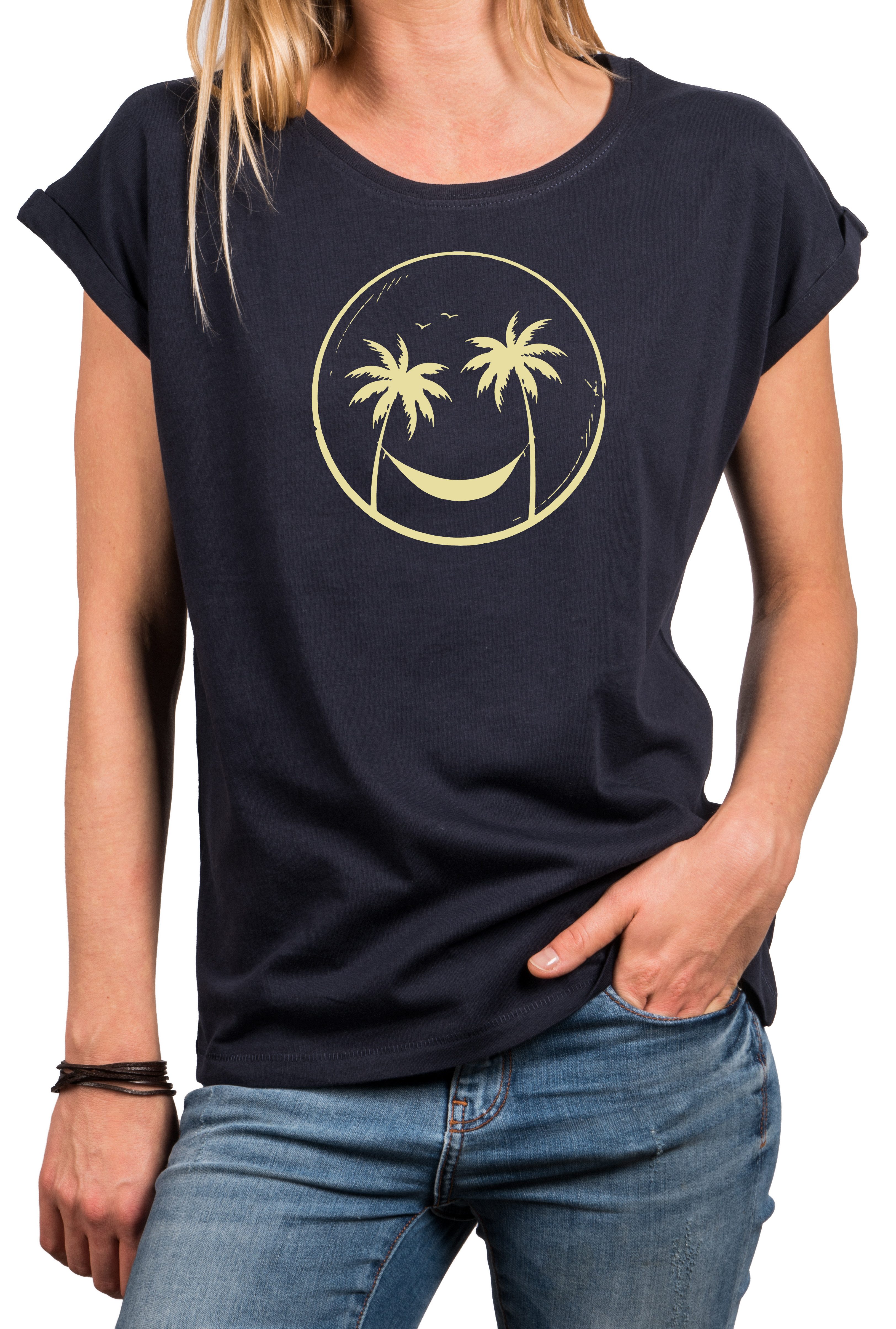 MAKAYA T-Shirt Lässiges Damen Top mit Positive Vibes Motiv – Sommer & Strand (Schwarz, Blau, Dunkelgrau, Grün, 34, 36, 38, 40, 42, 44, 46, 48, 50) Baumwolle