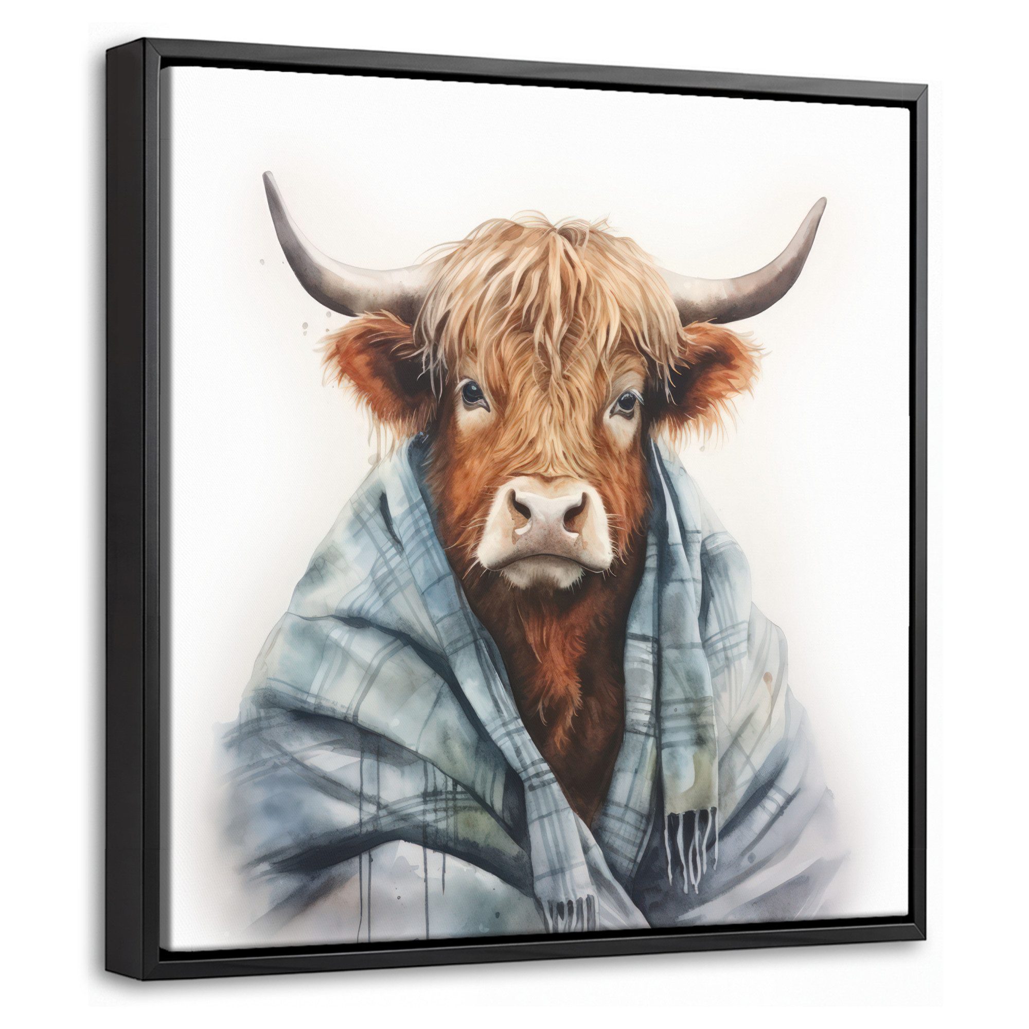 OneMillionCanvasses® Leinwandbild mit Rahmen - Schottischer Highlander - Decke - Weiß, Fotodruck (1 St), Leinwand Bilder Klein, Wand Dekoration Aesthetic 20x20cm
