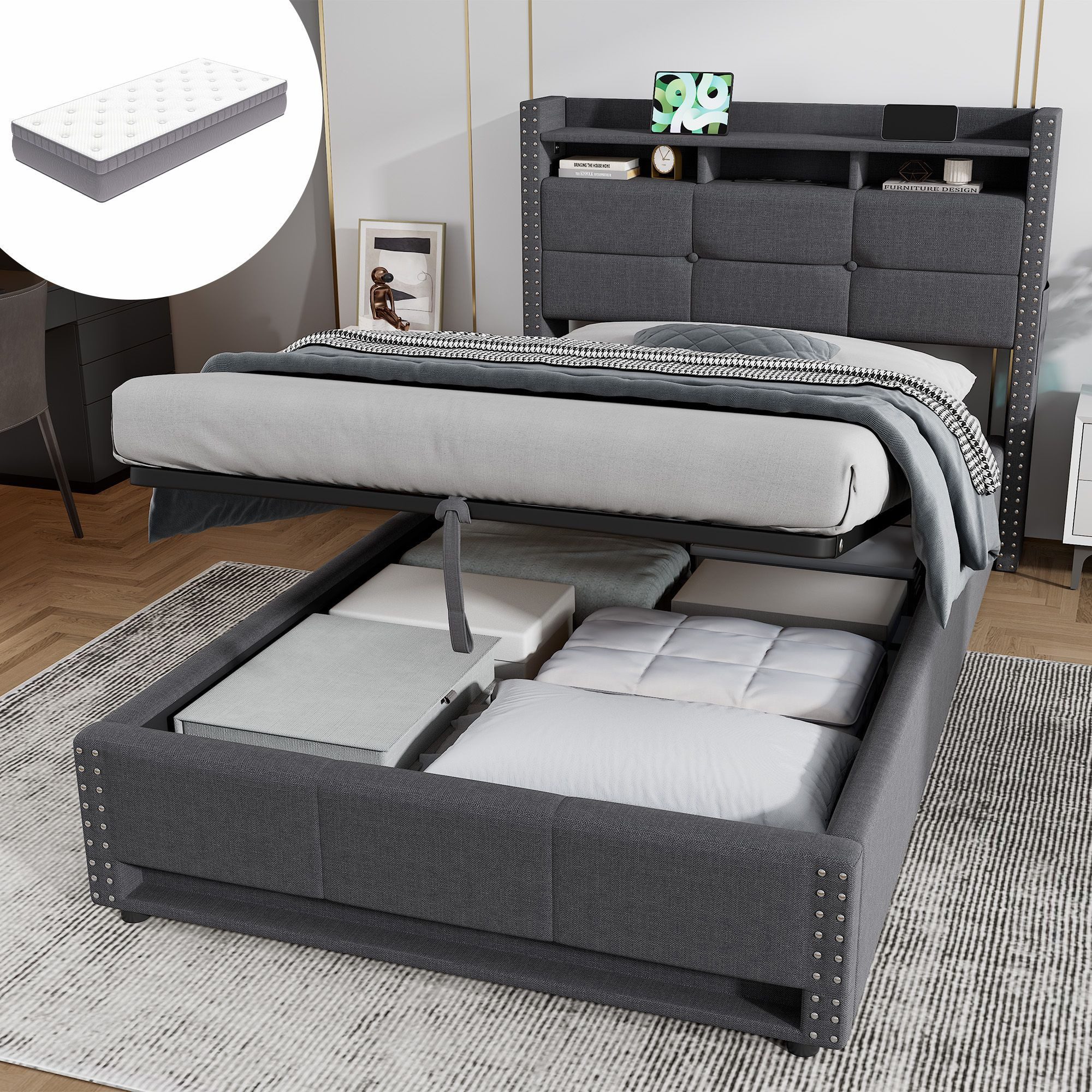 HAUSS SPOLE Polsterbett 90×200 Jugendbett mit Bettkasten,Einzelbett Leinen & Matratze,Grau (Funktionsbett Stauraumbett mit Leinenbezug und gepolstertem Kopfteil, mit einer 25 cm hohen Matratze), Jugendbett mit Polsterrahmen für Schlafzimmer