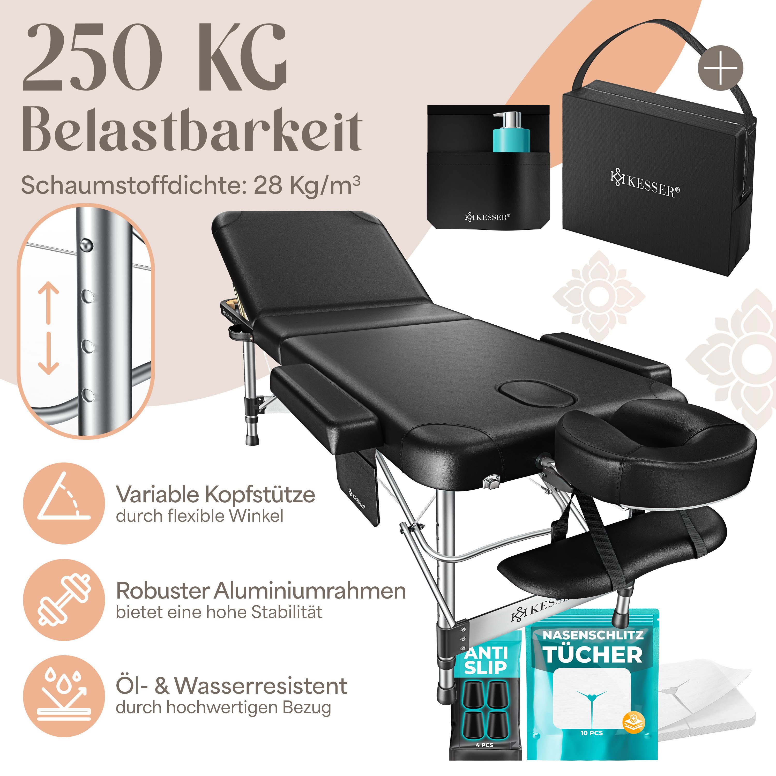 KESSER Massageliege, 3 Zonen Kosmetikliege klappbar & höhenverstellbar mobile Massagebett