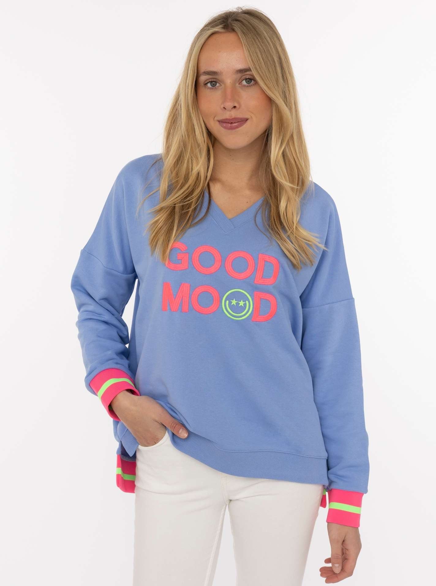 Zwillingsherz Sweatshirt Dana Neon-Bündchen, V-Ausschnitt, Langarm, Front-Stickerei