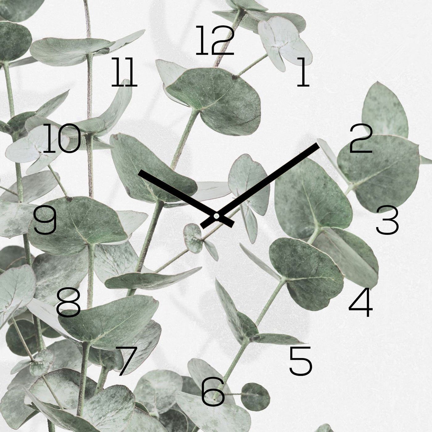Levandeo® Wanduhr (Wanduhr 30x30cm Alu-Dibond Eukalyptus Blätter Alubild Uhr Wandbild)