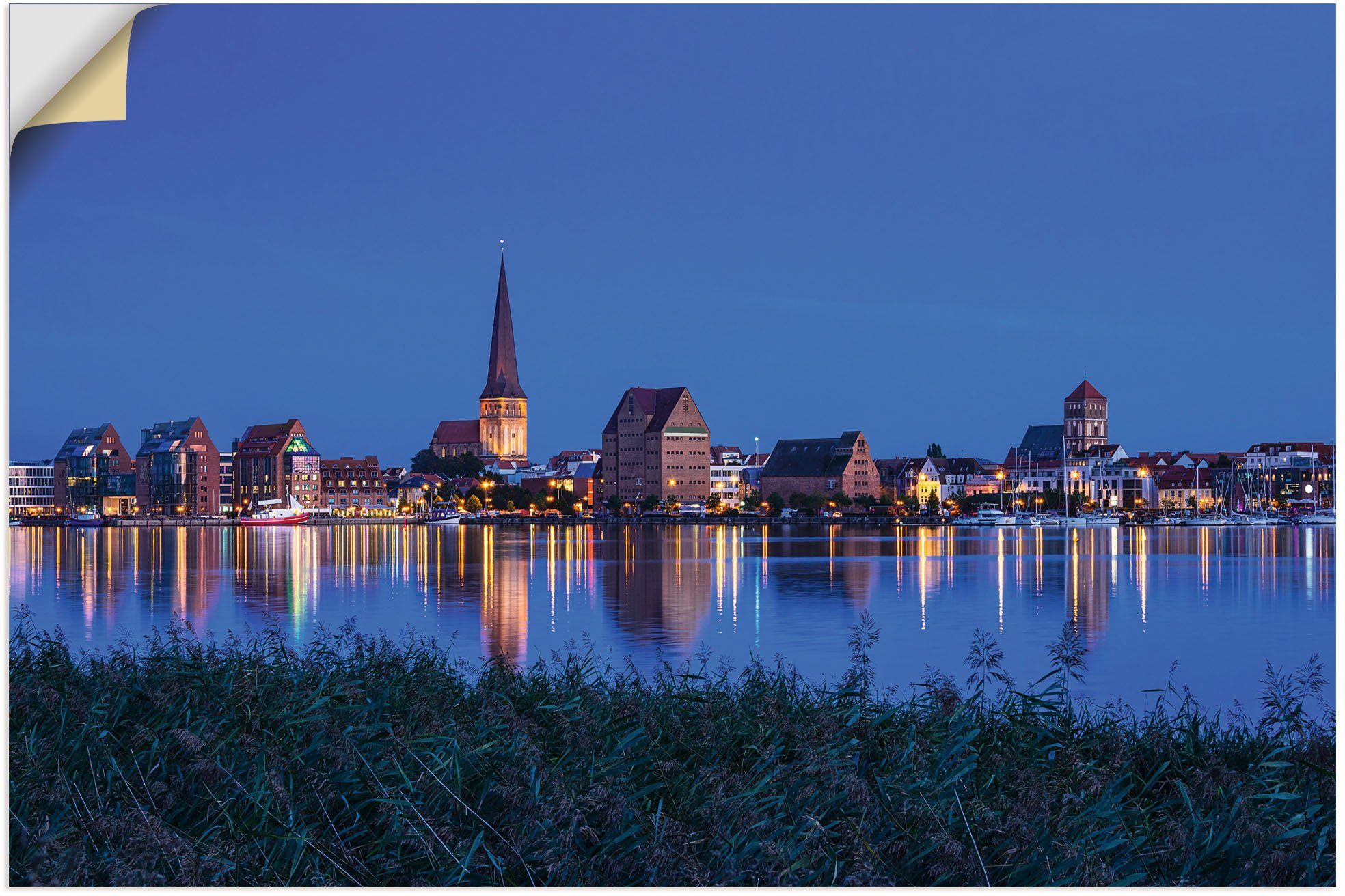 Leinwandbild, am Abend, als Warnow Alubild, Hansestadt Artland Größen Poster oder (1 Gebäude St), Rostock in Wandbild versch. Wandaufkleber