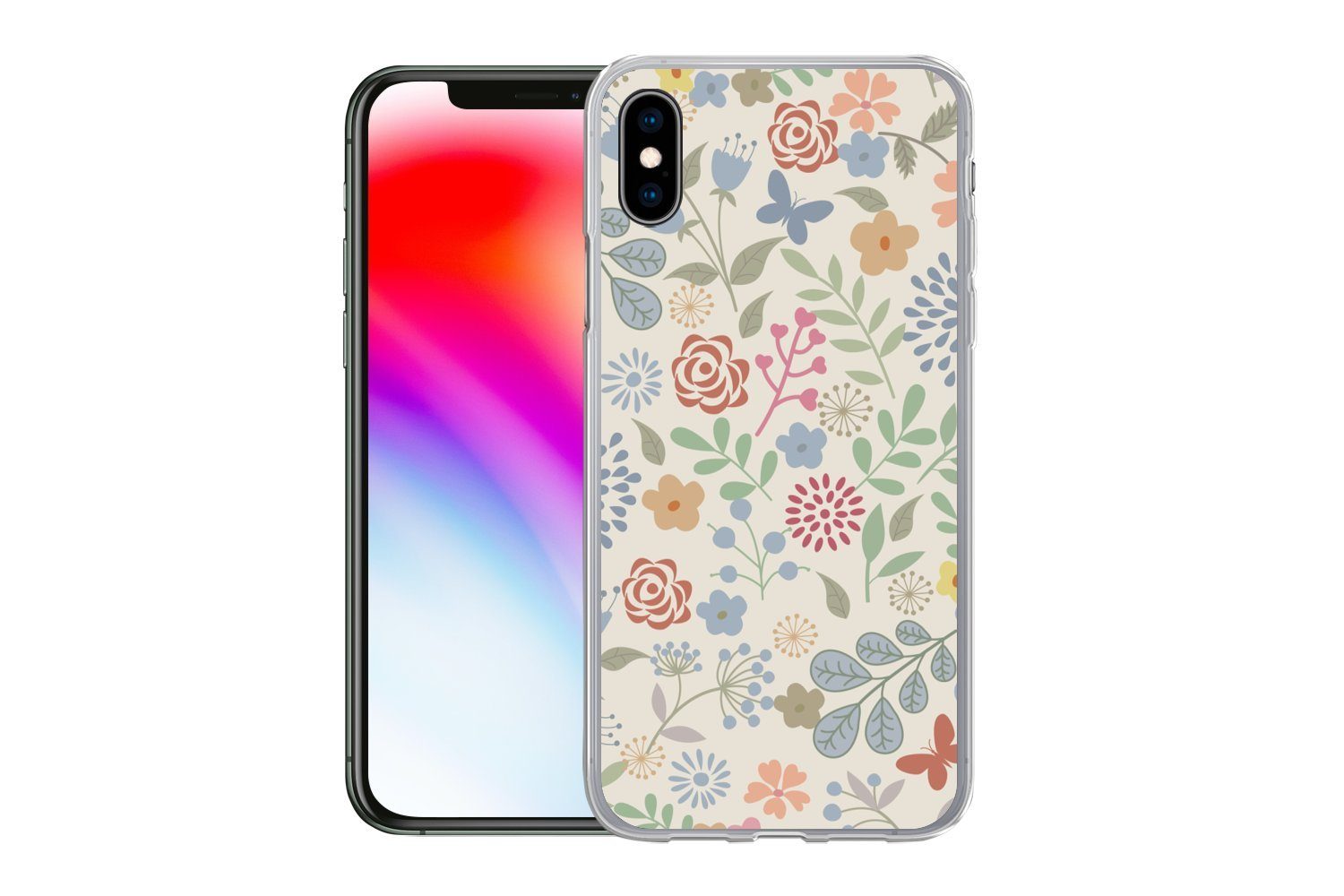 MuchoWow Handyhülle für Apple iPhone XS Eine Blumenmuster-Illustration mit vielen Blumen, Smartphone-Bumper, Print, Handy Schutzhülle Dünn
