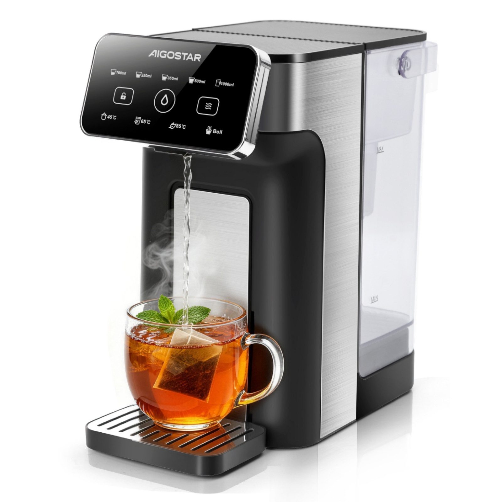 Aigostar Heißwasserspender Edelstahl 3L mit Filter-Slot, 3s Turbo Aufheizung Instant-Wasserkocher, 2600 W, 4 Temperaturstufen, Abtropfschale, kompatibel mit Brita-Filtern