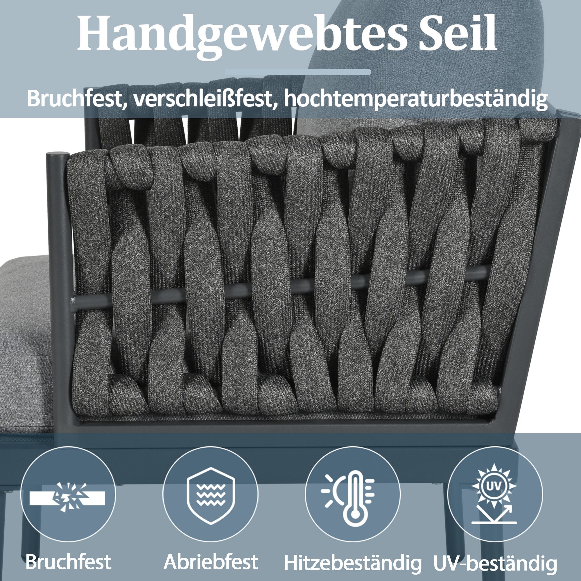 Flieks Gartenlounge-Set, 5-Sitzer Gartenmöbel Seil-Armlehnen Tischplatte aus gehärtetem Glas