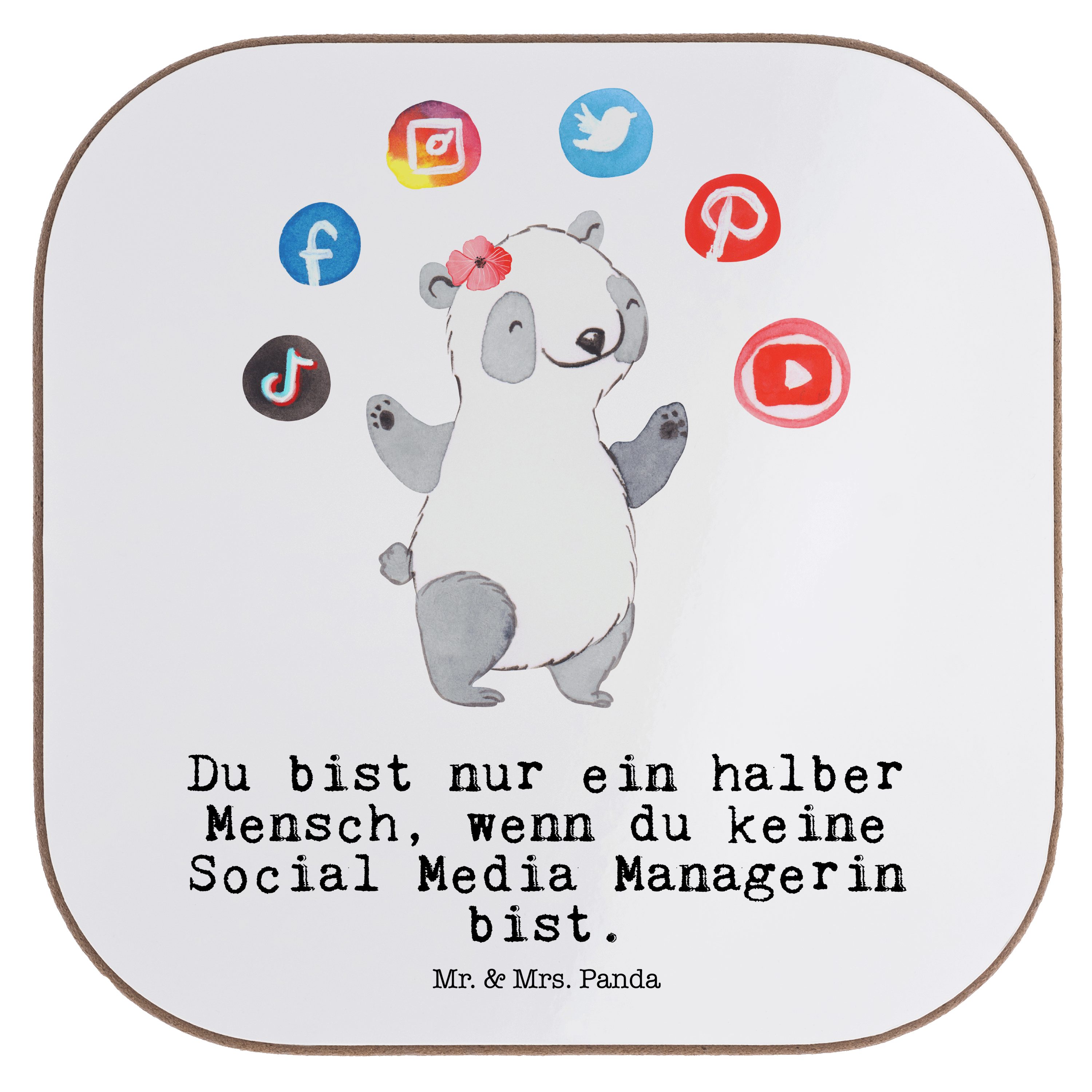 Panda Media mit Herz Weiß Geschenk, Managerin Social Mrs. Getränkeuntersetzer K, - 1-tlg. - Mr. Glasuntersetzer, &