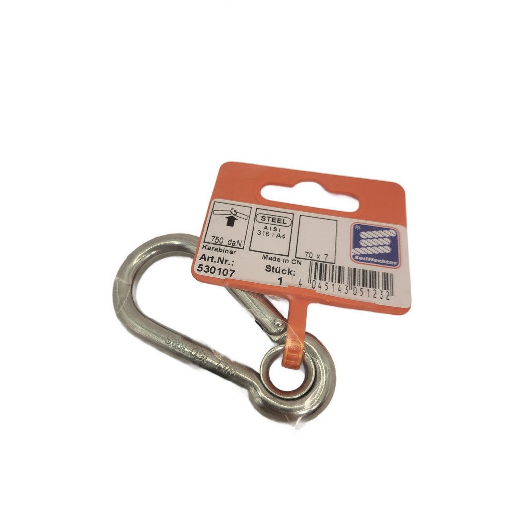 Seilflechter Öse Karabiner 70x7mm Birnenform geschlossen, A4 RVS AISI 316, 750 daN