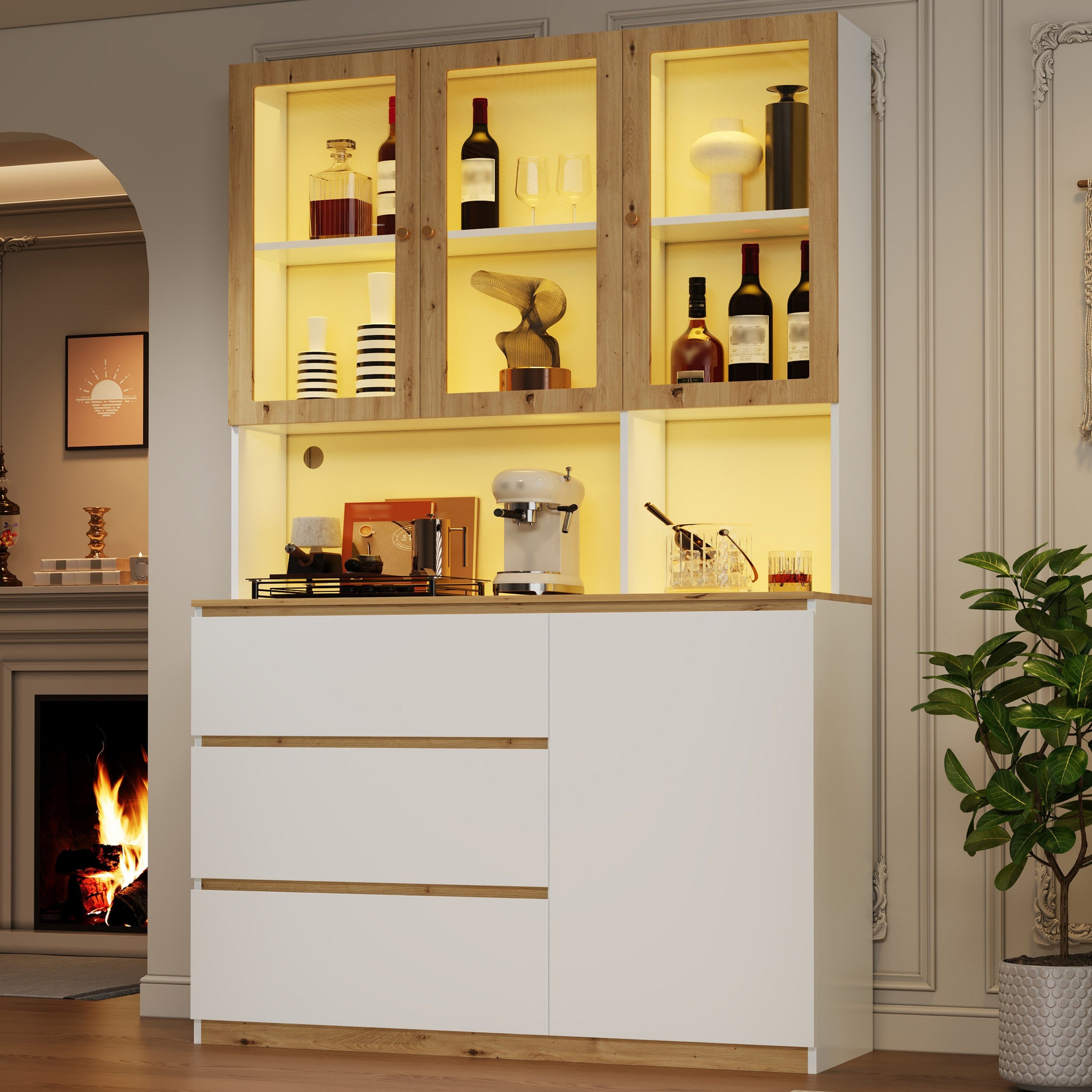 Odikalo Vitrine Küchenschrank Vitrineschrank mit LED (120 × 200 cm, mit verlängerter Arbeitsplatte, multifunktionales Standmöbel, weiß und Eiche – Glasvitrine, Küchenhochschrank und Bücherregal)