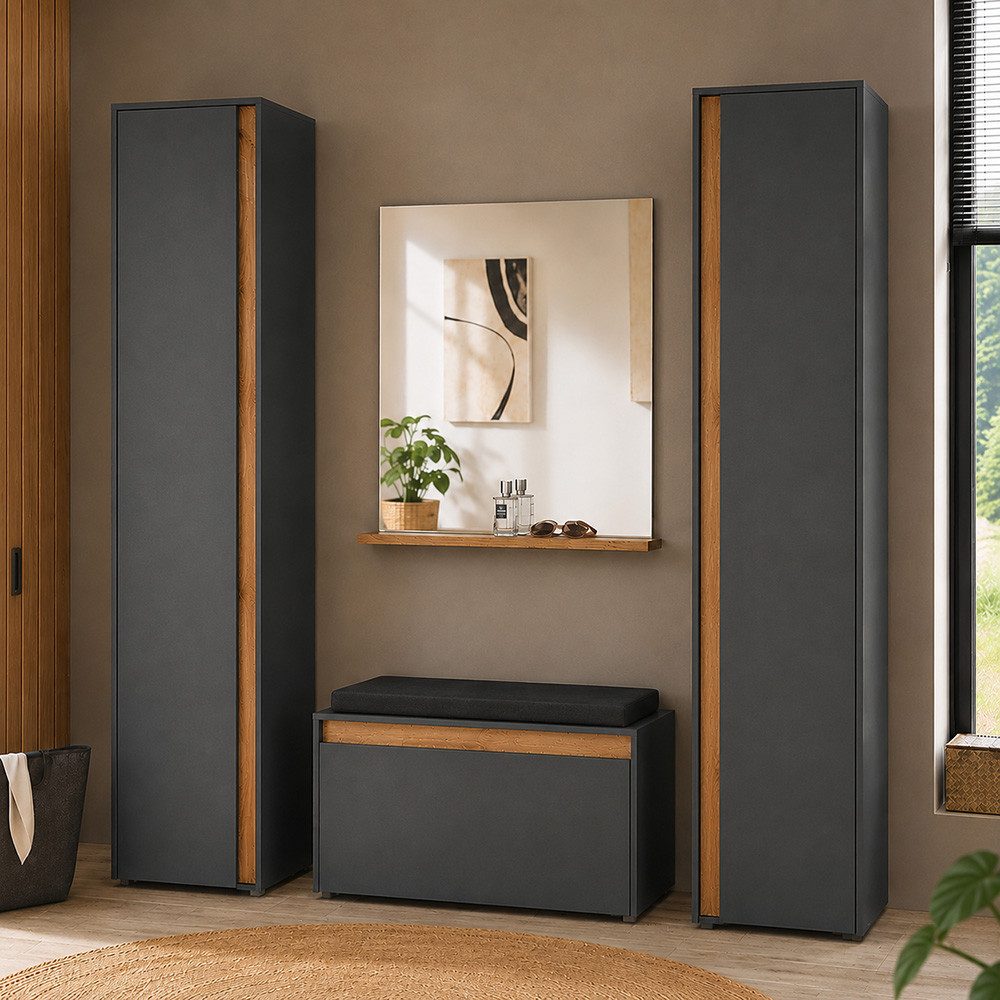 Lomadox Garderoben-Set CRISP-61, (Spar-Set, 4-St., Spiegel Schuhbank Garderobenschränke), Anthrazit mit Eiche, griffloses Design, modern, Spiegel