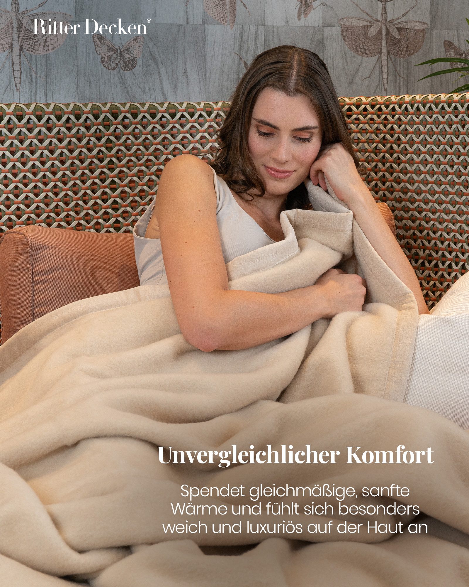 Wohndecke Extraweiche Kashmirdecke Kirman Schah aus 100% Kashmir cremeweiß, Ritter Decken, Wolldecke, feinste Qualität, 100% Kashmirwolle, weitere Größen