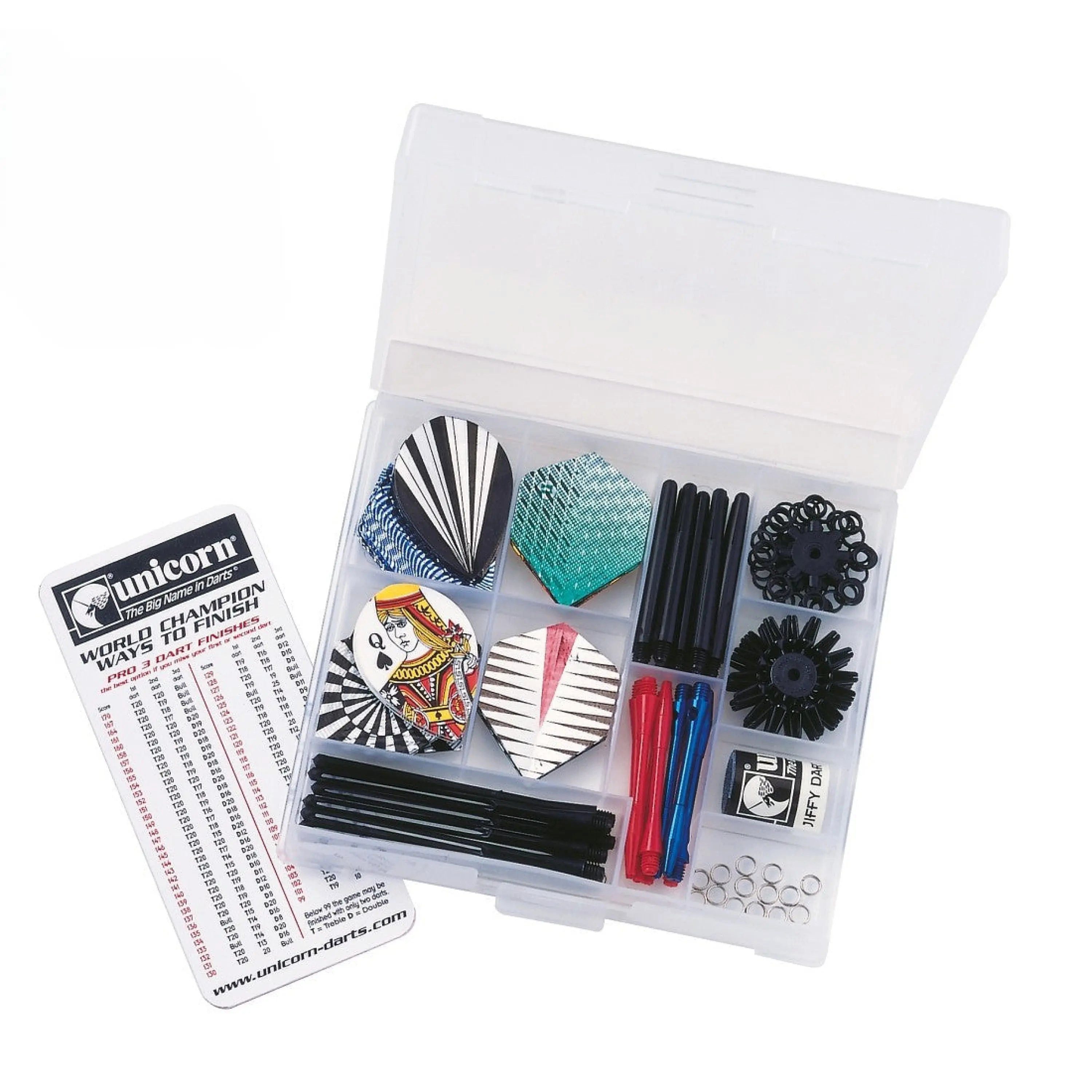Dart-Flights Profi Darts Zubehör Set – Flights, Schäfte, O-Ringe, Schleifer & Box