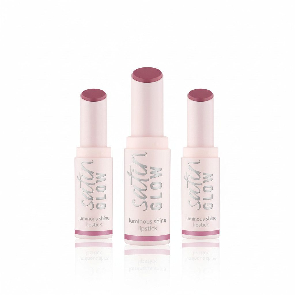 Essence Lippenstift SATIN GLOW LUMINOUS SHINE LIPSTICK, 3-tlg., Satin-Finish, langanhaltend, Farbintensiv, hohe Deckkraft
