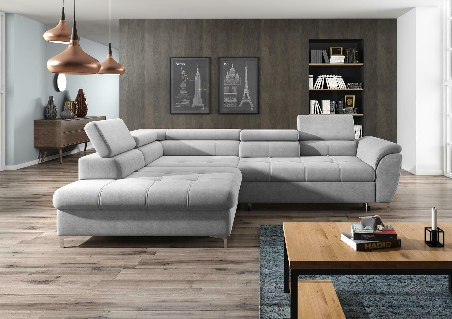 JVmoebel Ecksofa, Ecksofa L-Form Sofa Design Polster Modern Textil Bettkasten Grau