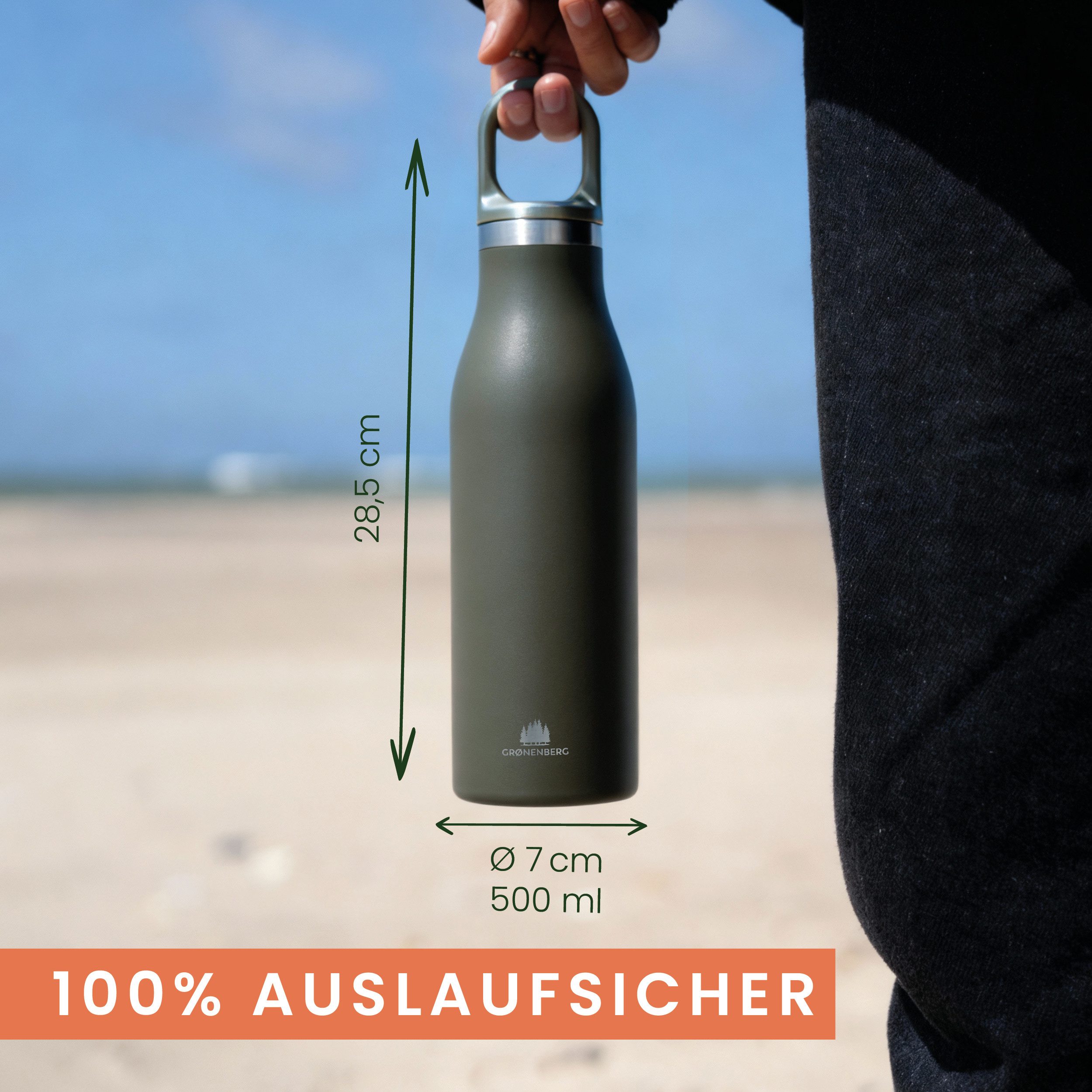 GRØNENBERG Trinkflasche Thermosflasche 100% auslaufsicher, 500 o. 750ml, Edelstahl Isolierflasche Kohlensäure geeignet