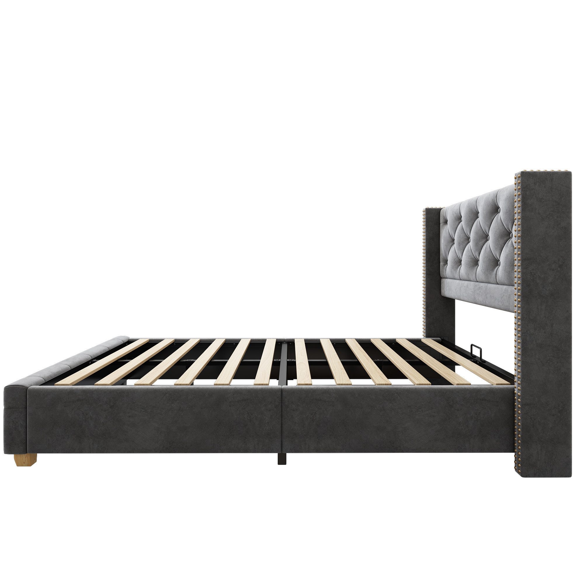 Celya Polsterbett 90 × 200cm mit Lattenrost und Kopfteil (ohne Matratze, Knopfpolsterung, Nietenpolsterung, Holzbeine, Leinen)