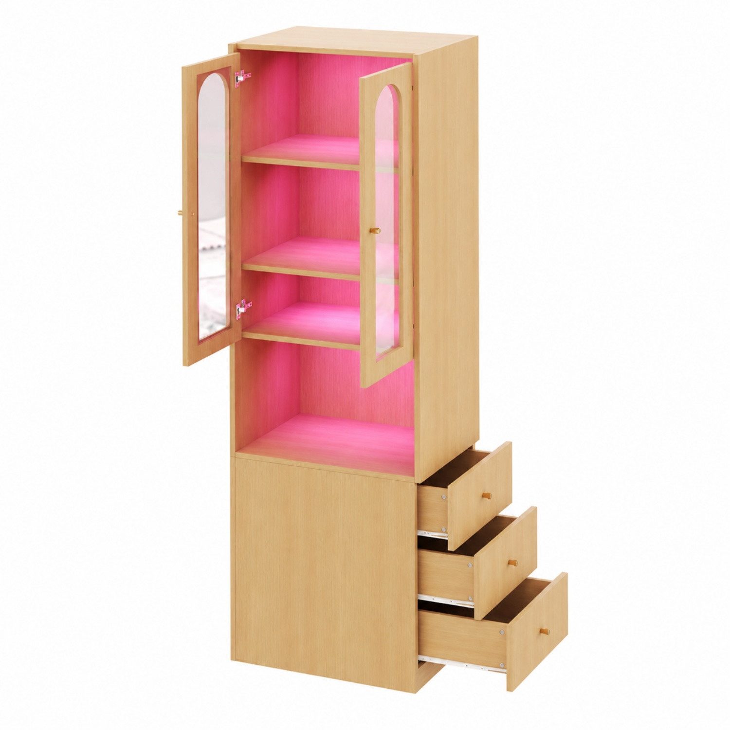 ANYSUN Vitrine Schmaler Bücherschrank, Hochschrank mit Schubladen & LED-Beleuchtung 60 × 40 × 200 cm, mit Glastüren, für Wohn-, Schlaf- & Arbeitszimmer