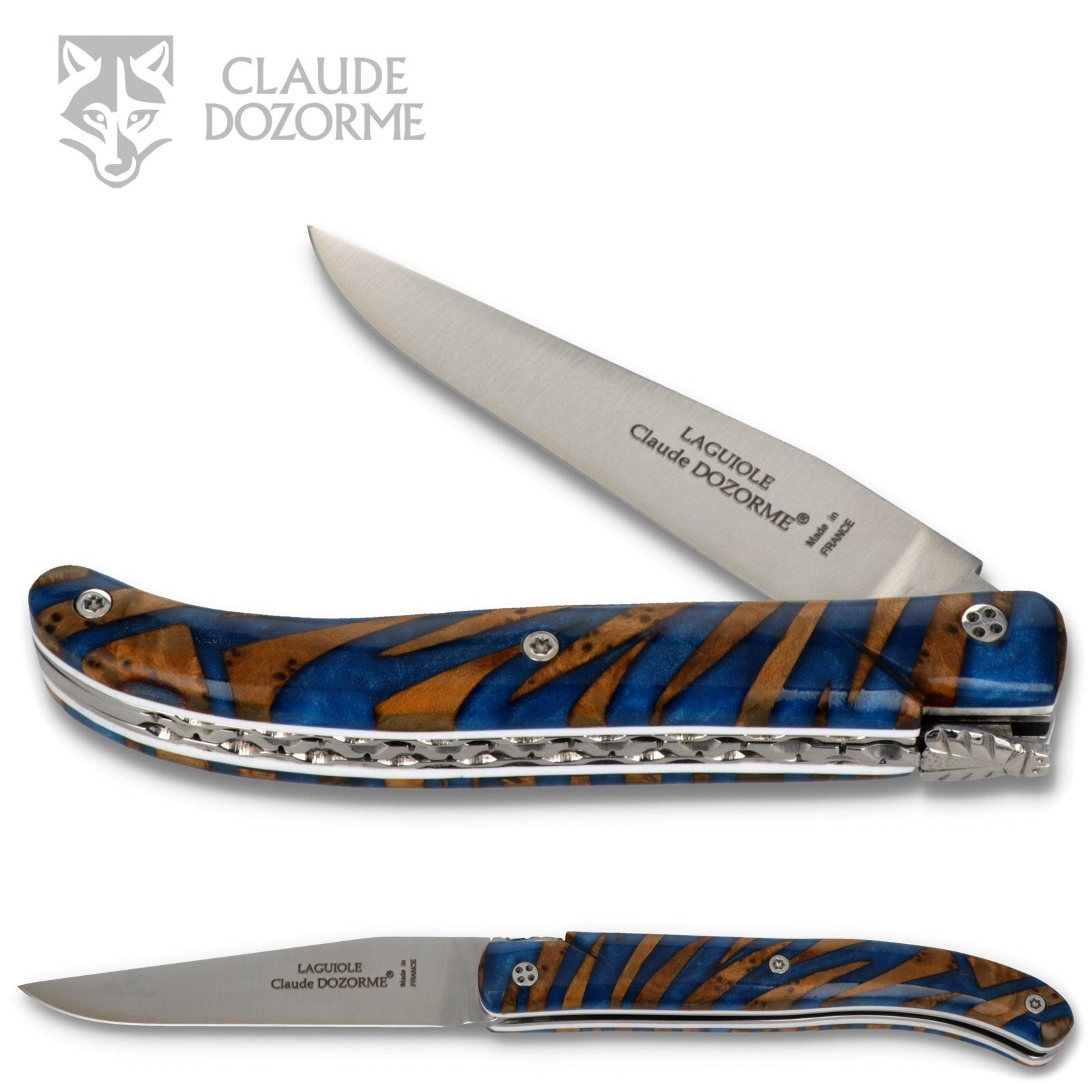 Claude Dozorme Taschenmesser 1.60.140.XXD-120066, Laguiole UNIKAT - Griff 12cm Ahorn/Acryl dunkelblau - Platine verziert