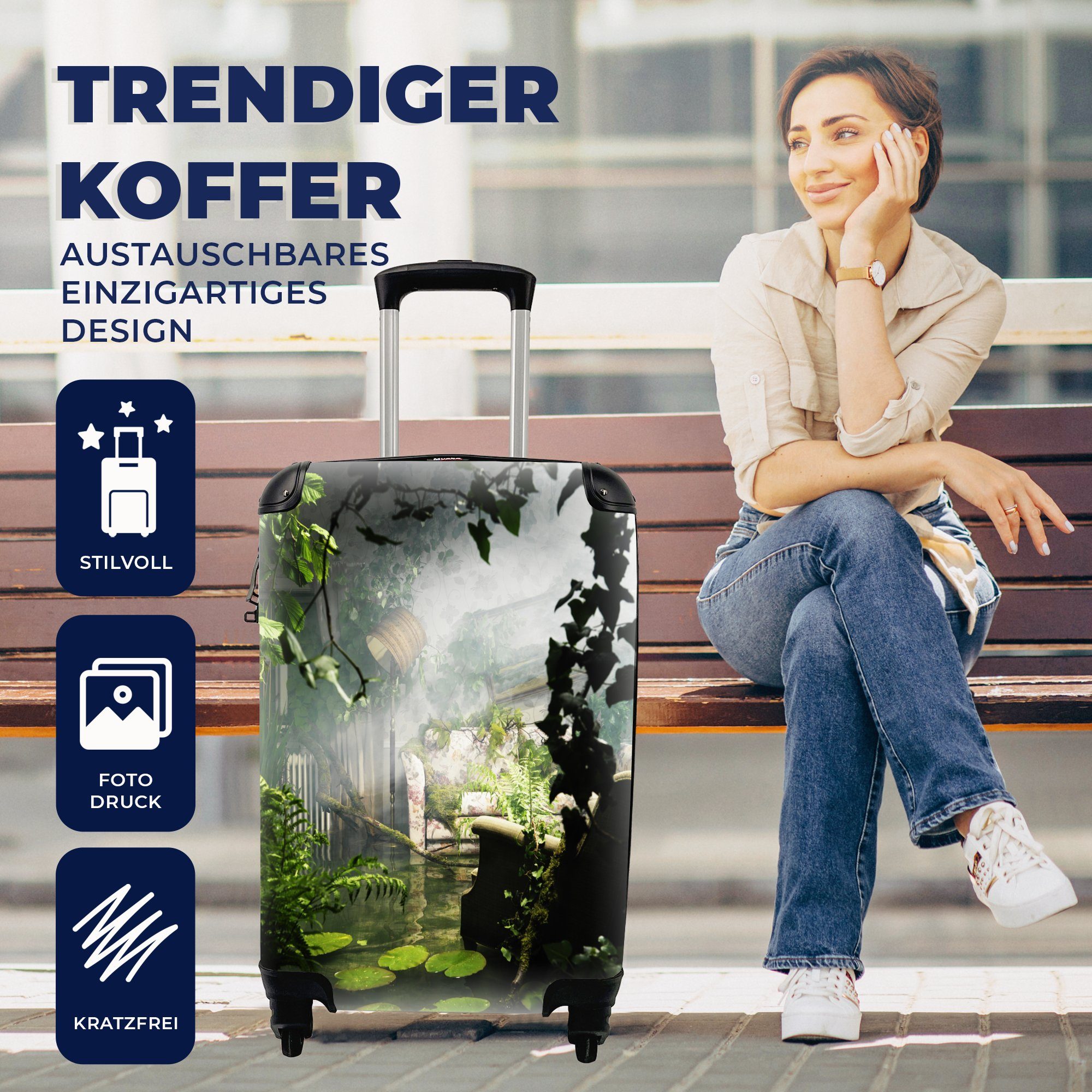 Wohnzimmer, Ferien, Natürliches 4 Trolley, Rollen, Reisekoffer mit MuchoWow Handgepäck rollen, Reisetasche für Handgepäckkoffer