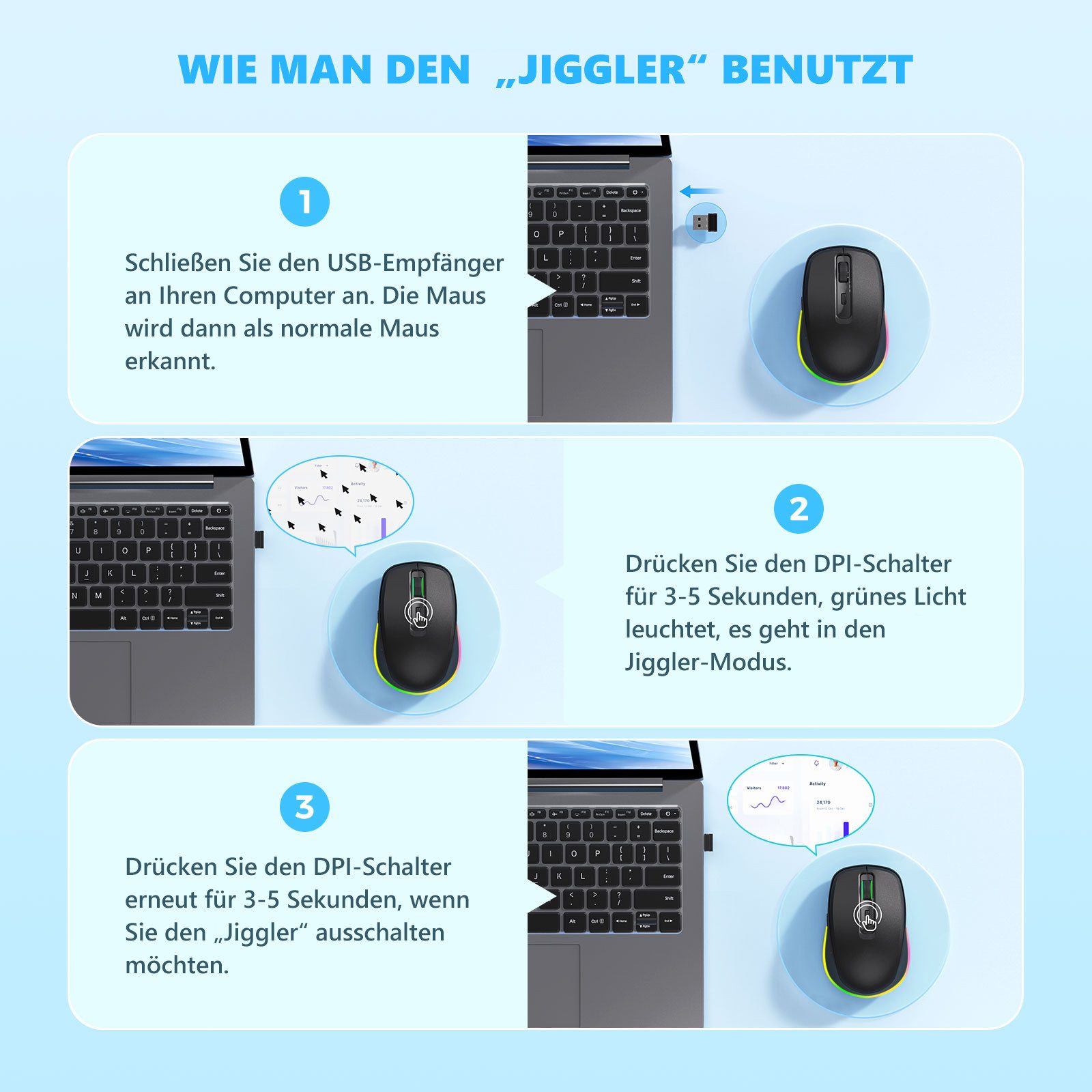 Seenda JY203 Kabellose Maus 2,4 GHz, Jiggler, leise, USB-C, 2000 DPI Maus (Funk, 2000 dpi, aufladbar) – Bild 2 von 5