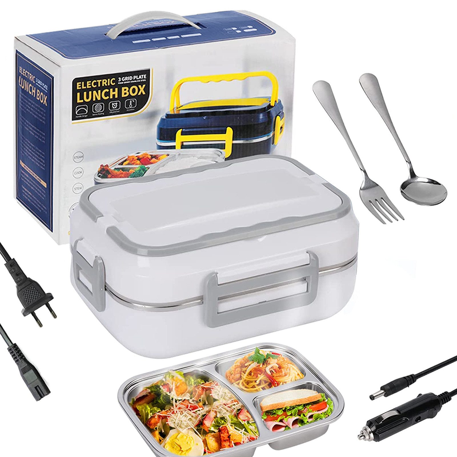 Comfy Mate Elektrische Lunchbox 220V/12V Bento Heizung Beheizte Lunchbox mit Besteck, 220V/12V,70℃ konstante Temperatur,60W