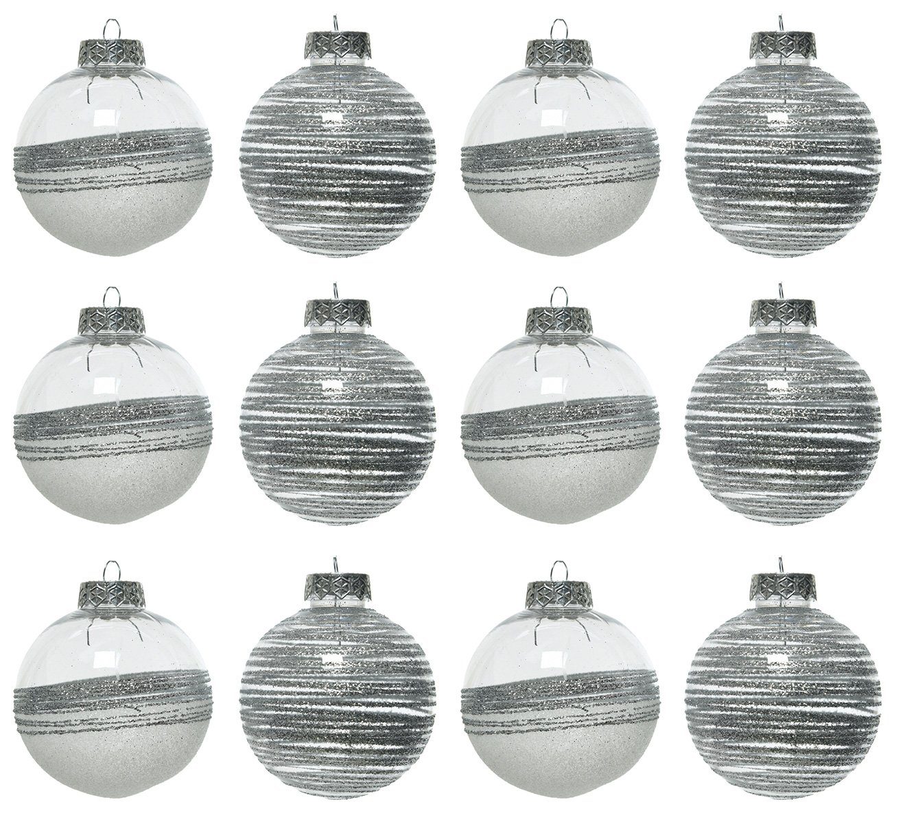 Silber 12er Decoris Kunststoff 8cm season decorations Weihnachtsbaumkugel, - Set transparent Streifen Weihnachtskugeln