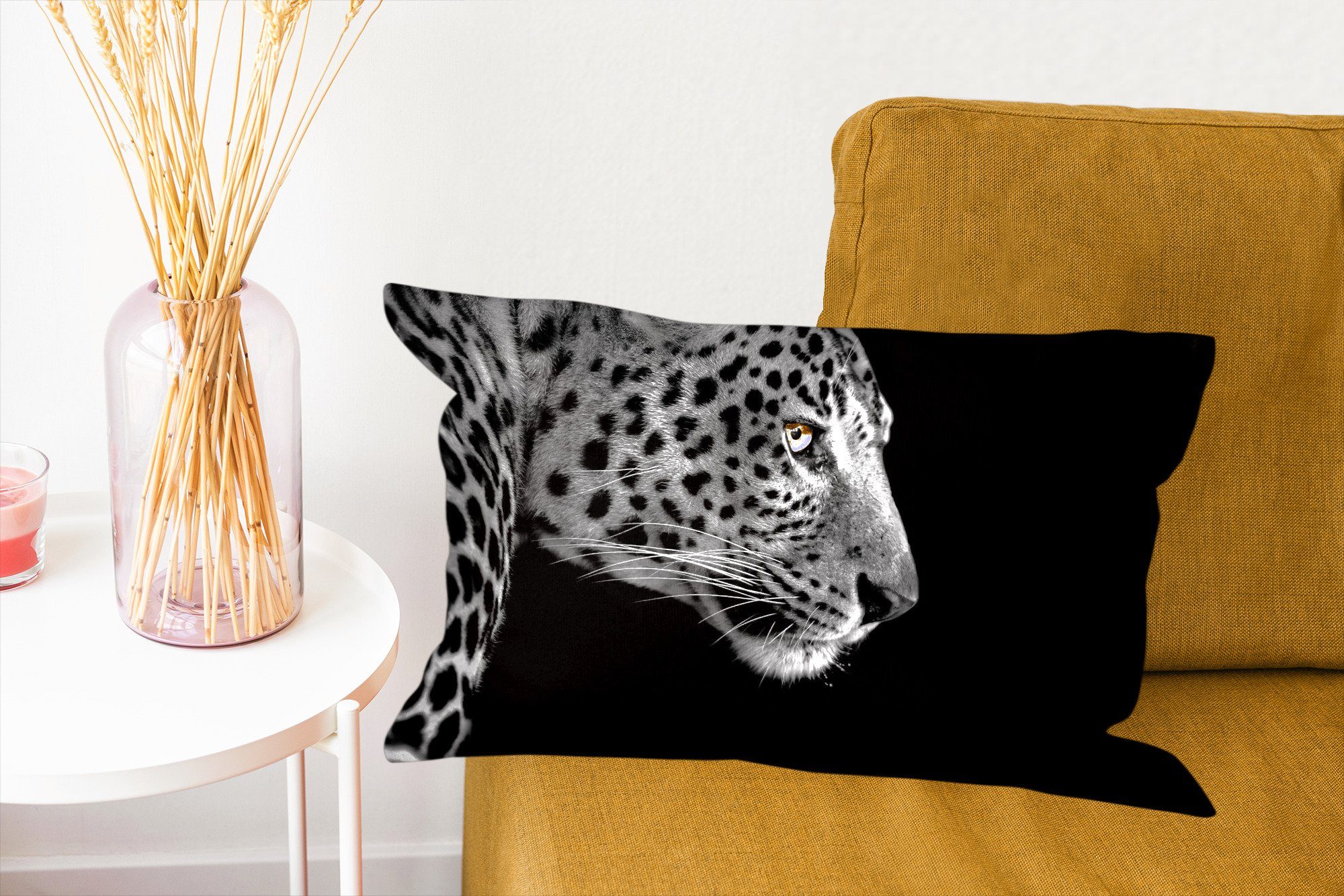 Dekokissen Wohzimmer - - Schlafzimmer mit - Dekoration, MuchoWow Schwarz Leopard Füllung, Dekokissen Weiß Pelz, Zierkissen,