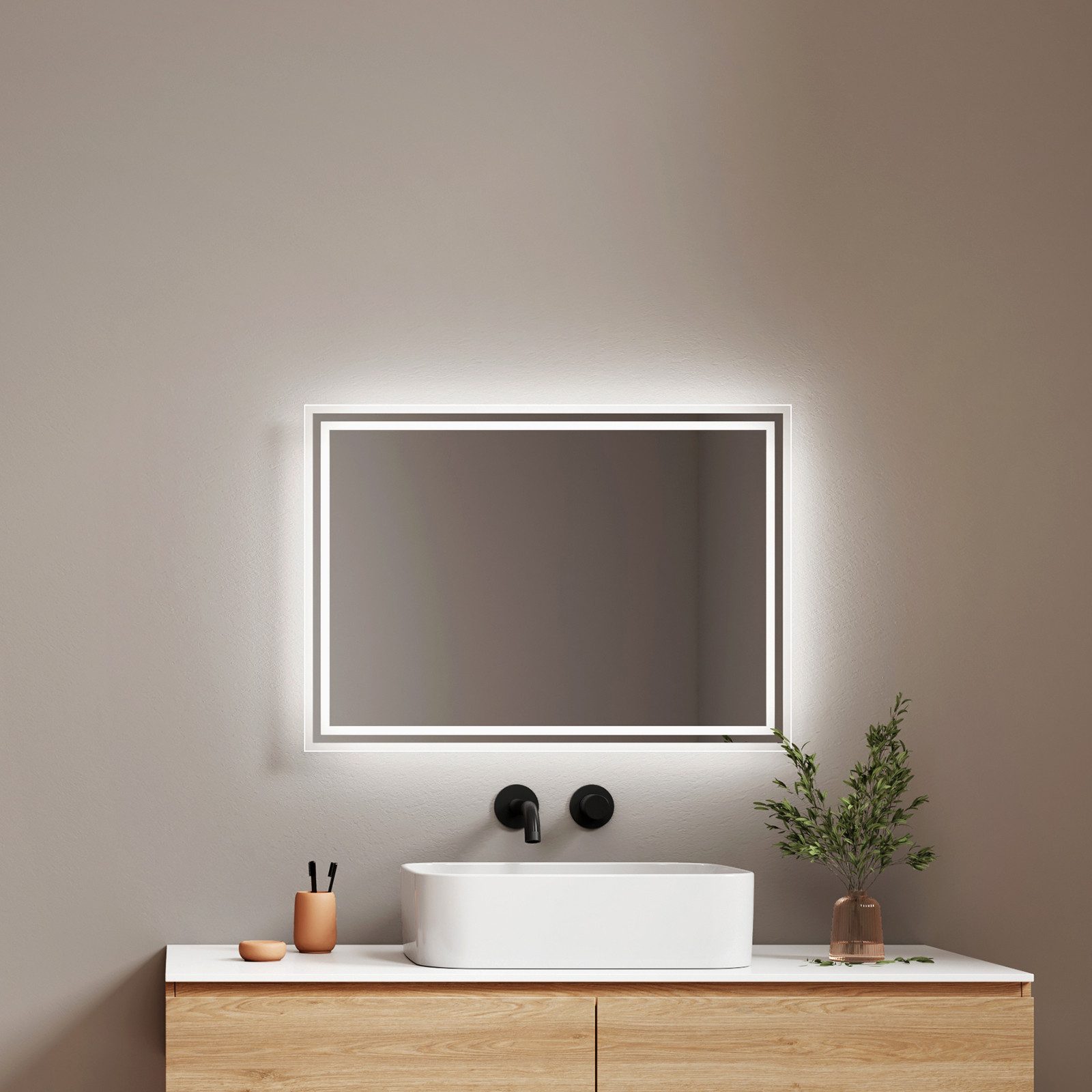 EMKE Badspiegel mit Beleuchtung und Beleuchtung,LED Spiegel mit 2 Lichtfarben dimmbar (Vertikal Horizontal möglich, Beschlagfrei, 2 Lichtfarben), Wandspiegel IP44