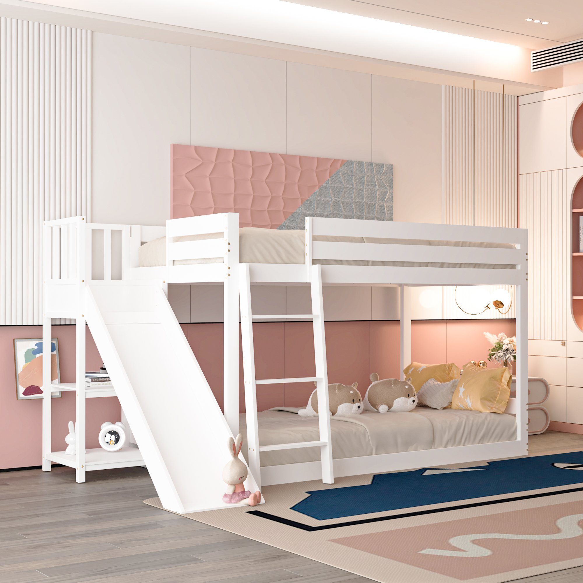 Flieks Etagenbett, Kinderbett Kiefer Holzbett mit oberem Lattenrost 90x200cm weiß