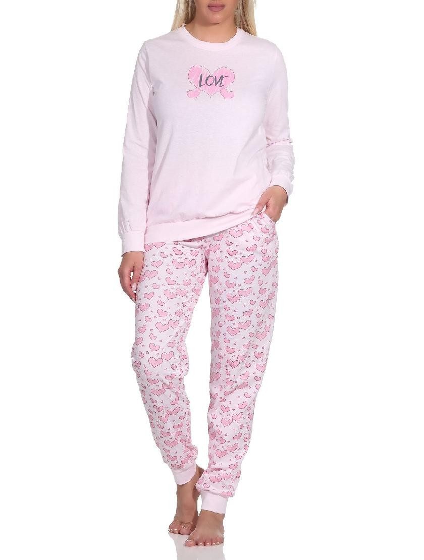 Pyjama Damen Langarm Schlafanzug mit Bündchen in Herz Motiv Optik