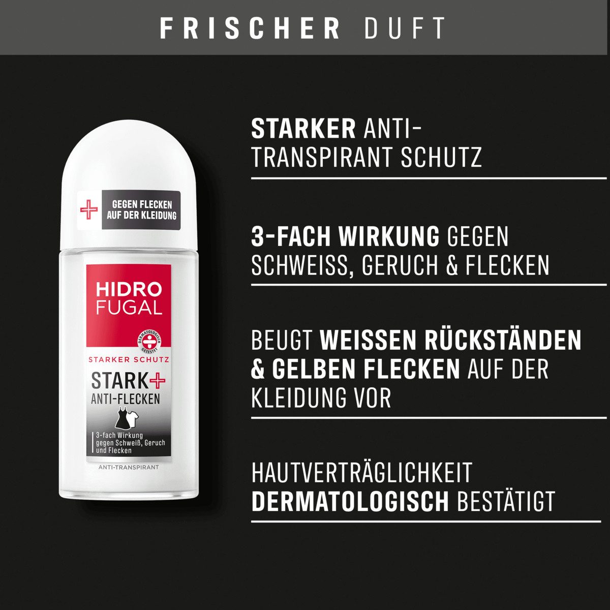 Hidrofugal Deo-Roller Stark + Anti-Flecken Anti-Transpirant Deo-Roller 4 x 50ml, Packung, 4-tlg., Starker Anti-Transpirant Schutz