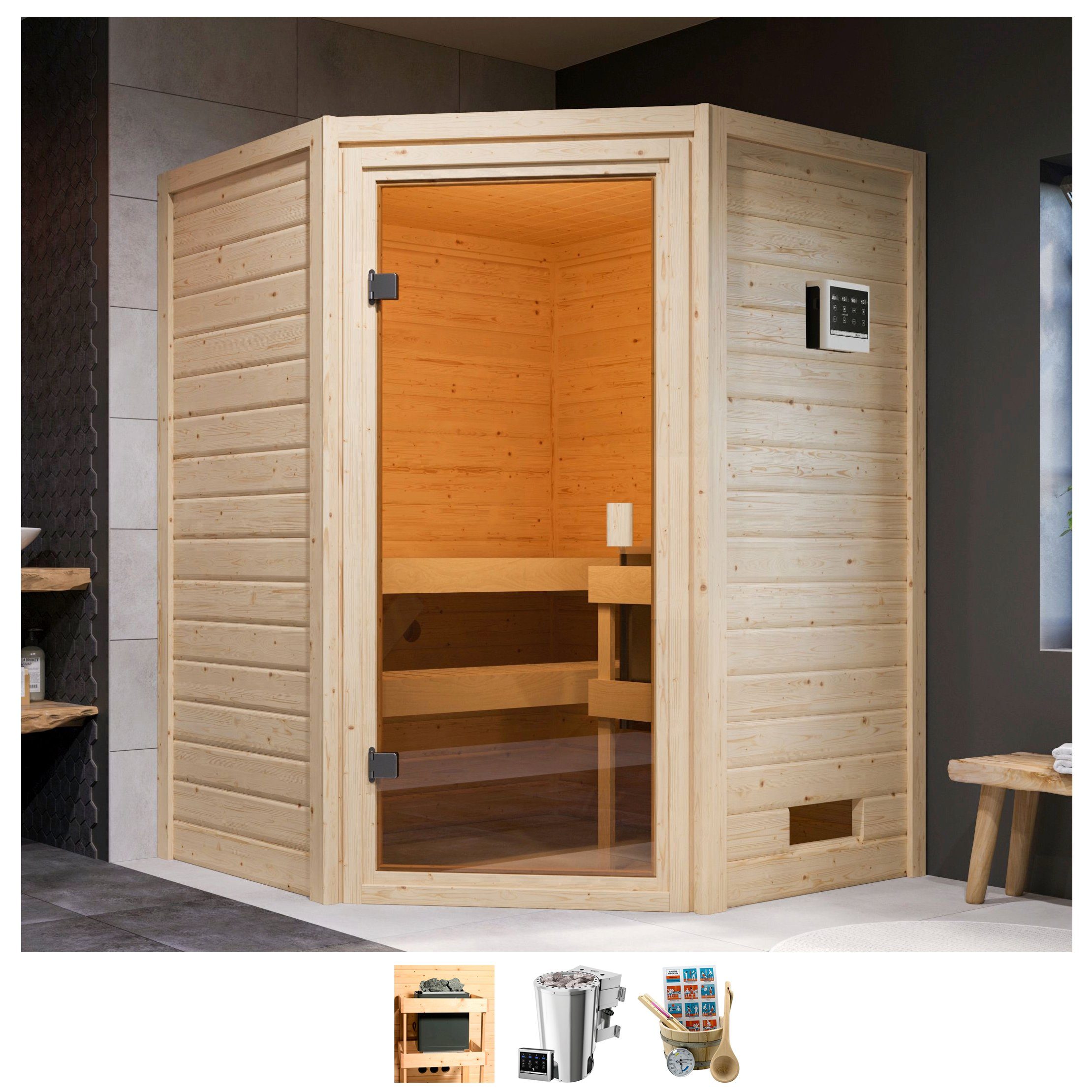 welltime Sauna Anni, BxTxH: 145 x 145 x 187 cm, 38 mm, 3,6-kW-Bio-Plug & Play Ofen mit ext. Steuerung