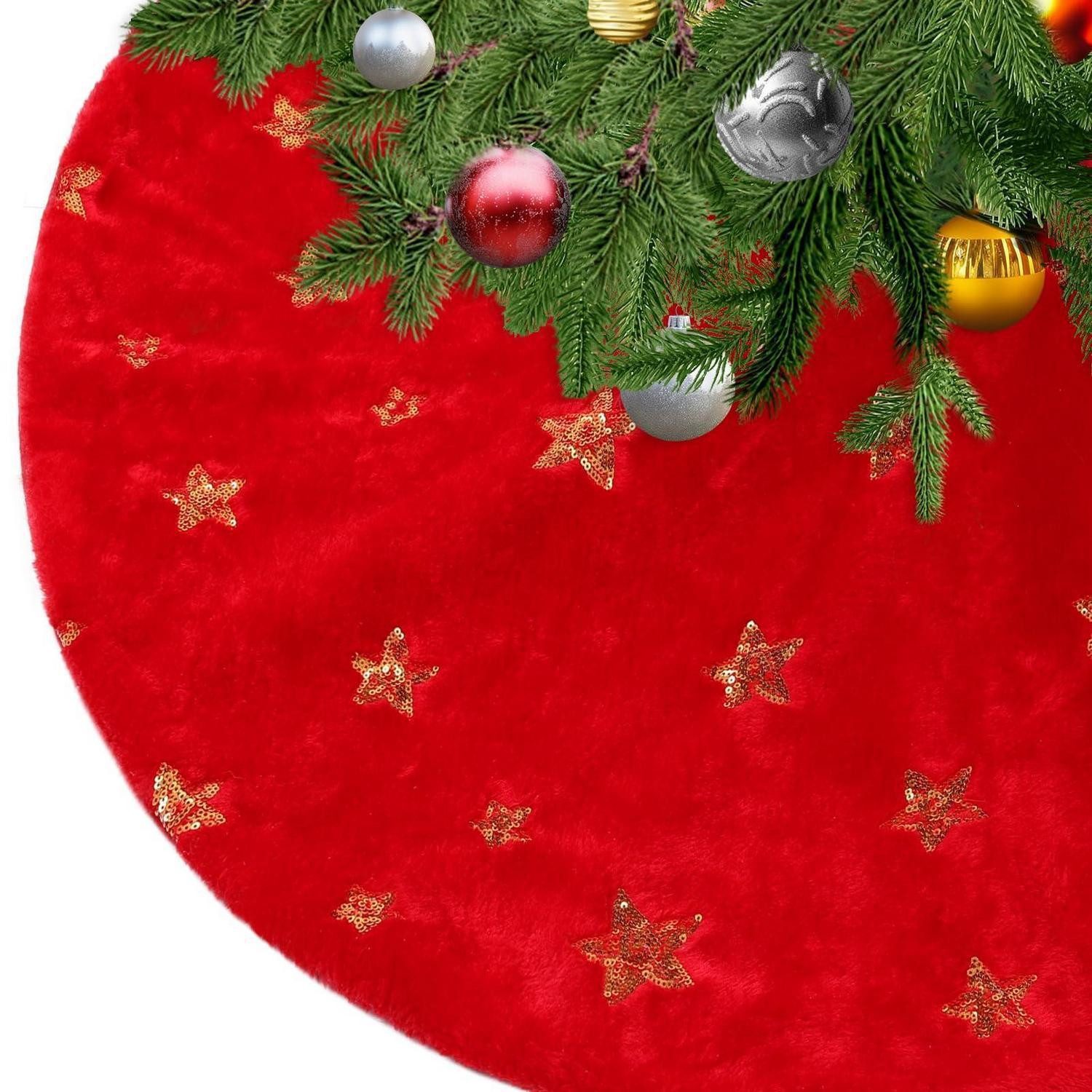 LuxusKollektion Weihnachtsbaumdecke Christbaumdecke Rund Flauschig Red Stars 122cm