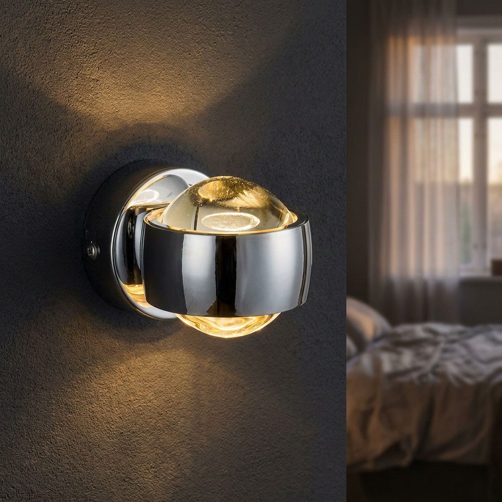 GLOBO LIGHTING LED Wandleuchte, LED-Leuchtmittel fest verbaut, Warmweiß, LED Wand Leuchte Schlafzimmer Glas UP & DOWN Dielen Strahler Chrom