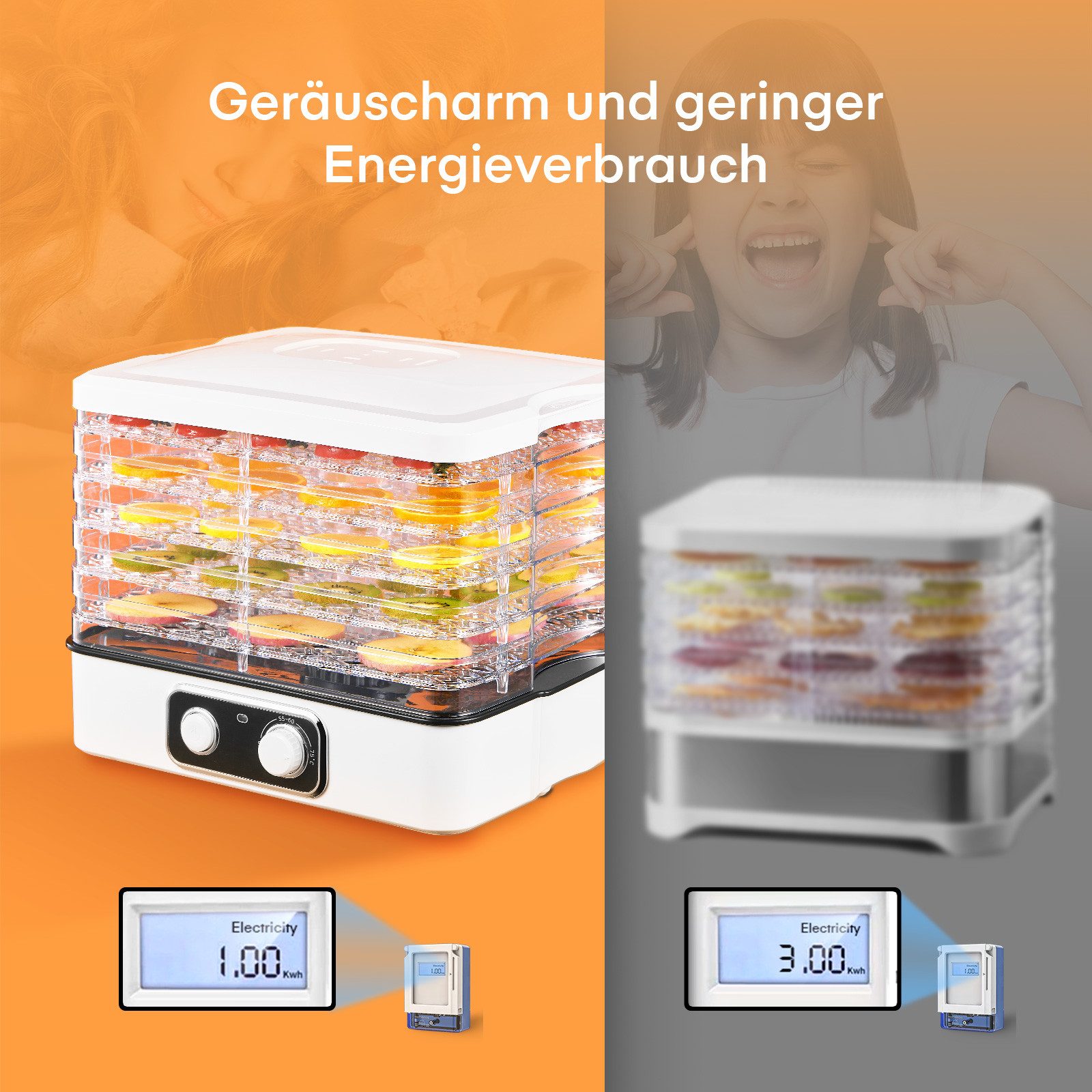FOHERE Dörrautomat Fruchtrockner mit 5 Tabletts, 35-70°C Temperatur Einstellbar 240 W, 5 Etagen, langlebiges Material, einfache Reinigung