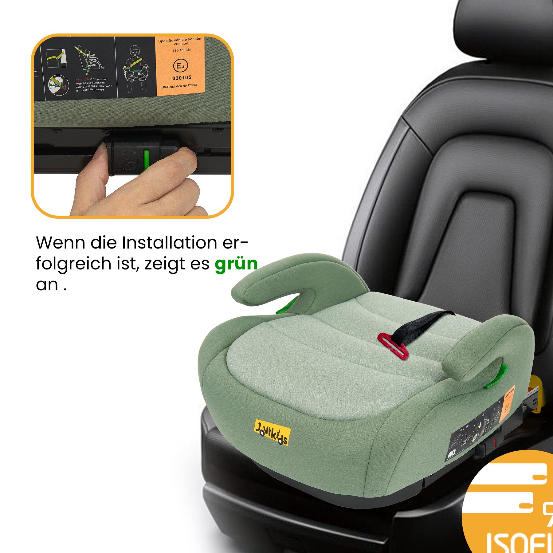 Jovikids Kindersitzerhöhung Auto Kinder ISOFIX, ECE R129, 125-150cm, ab: 150 cm, bis: 125 cm, Verdickter Stoffbezug & Isofix Einführhilfe, Leicht Waschbar