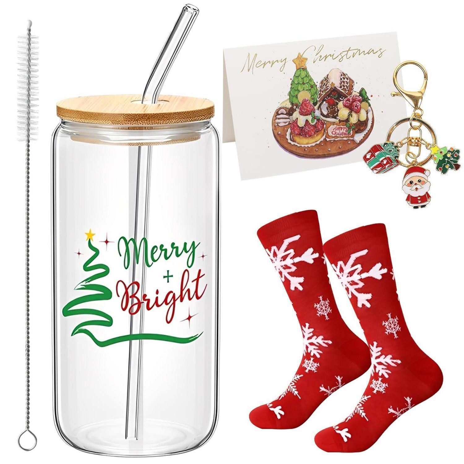 LuxusKollektion Coffee-to-go-Becher Weihnachtsglas Set 500ml m. Deckel & Strohhalm, Glas