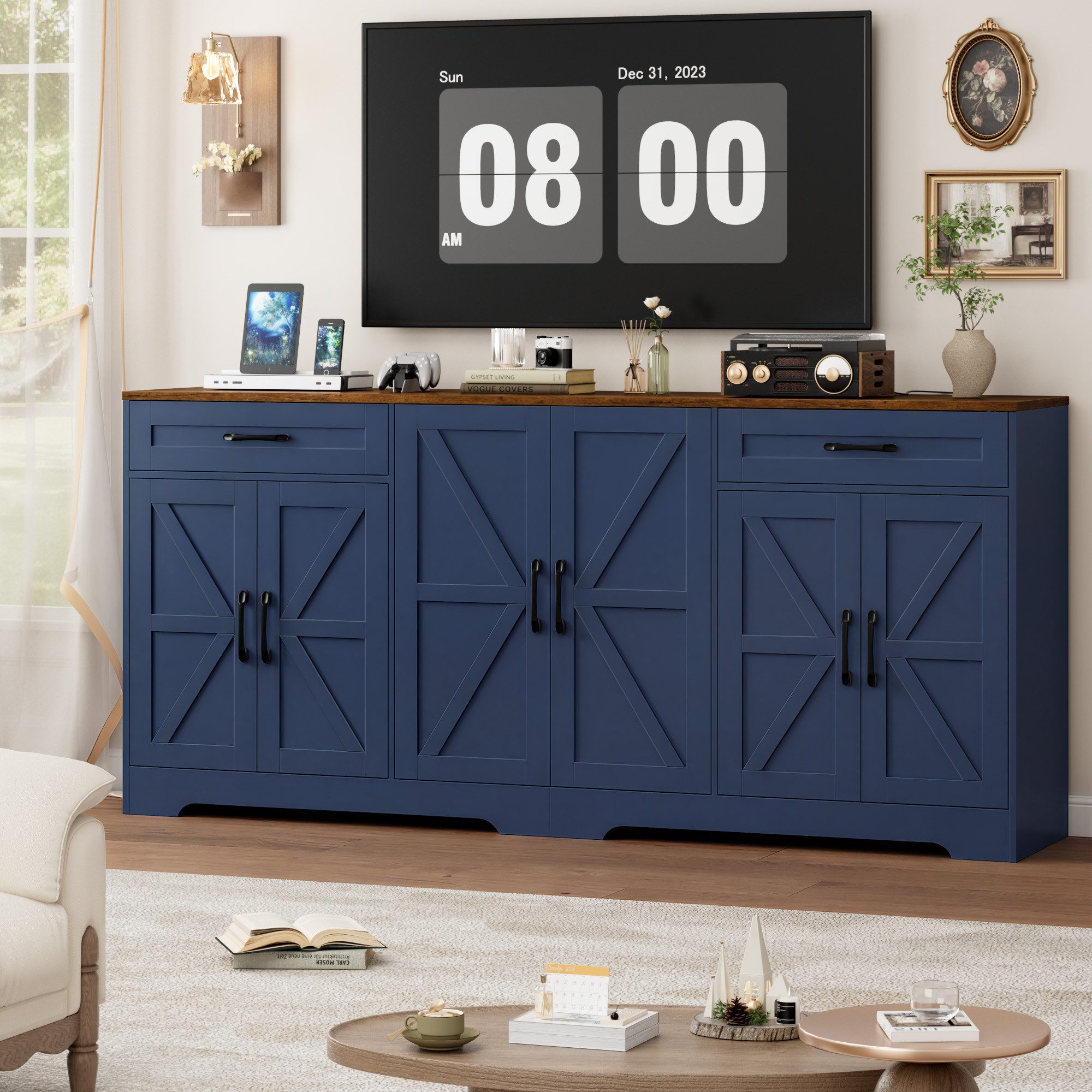 HOMECHO Sideboard, 180 cm breit Küchenschrank mit Arbeitsplatte, 6 Türen und 2 Schubladen