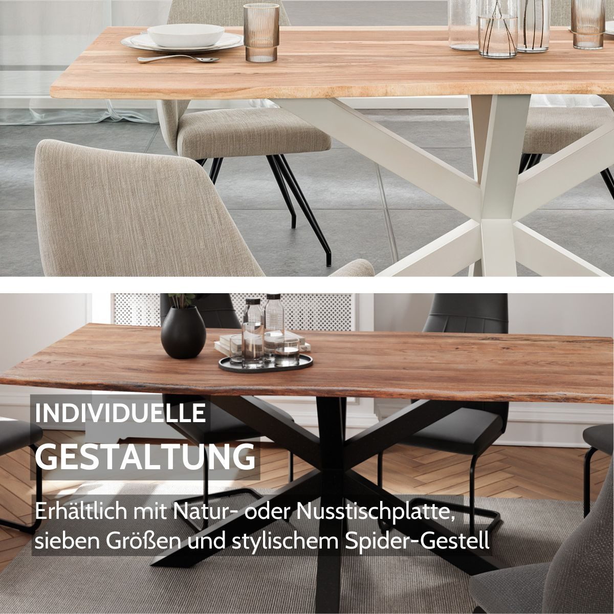 Liadomo Baumkantentisch Stella, Akazie Massivholz Tischplatte mit Spider-Gestell, sieben Größen