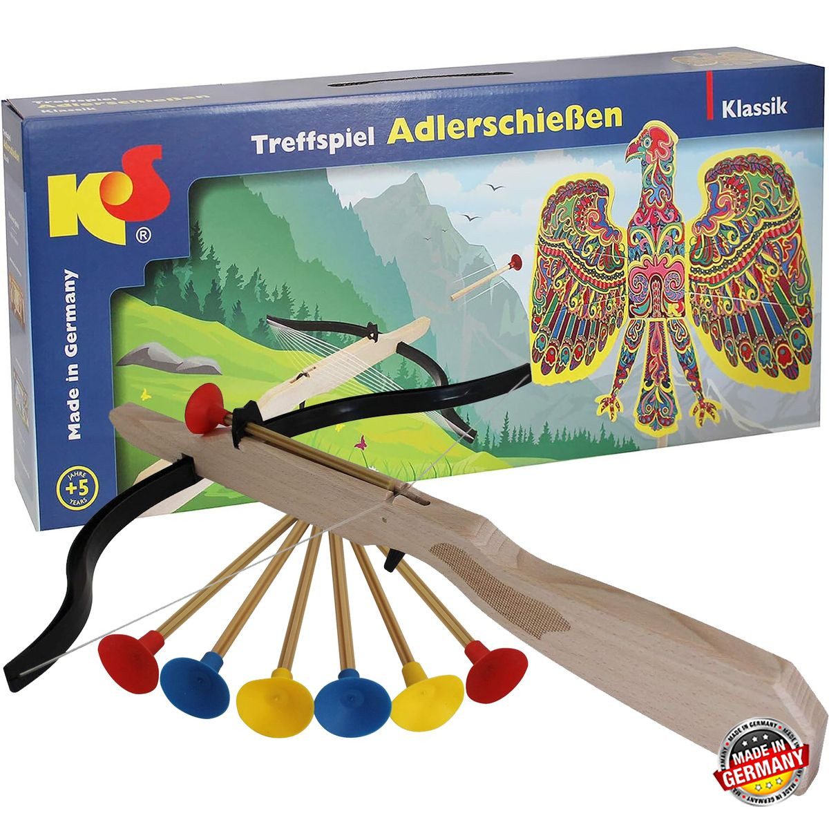 Kunststofferzeugnisse Stephan Spiel-Armbrust Treffspiel Adlerschießen Holz bunt 6 Pfeile Armbrust Vogelschießen