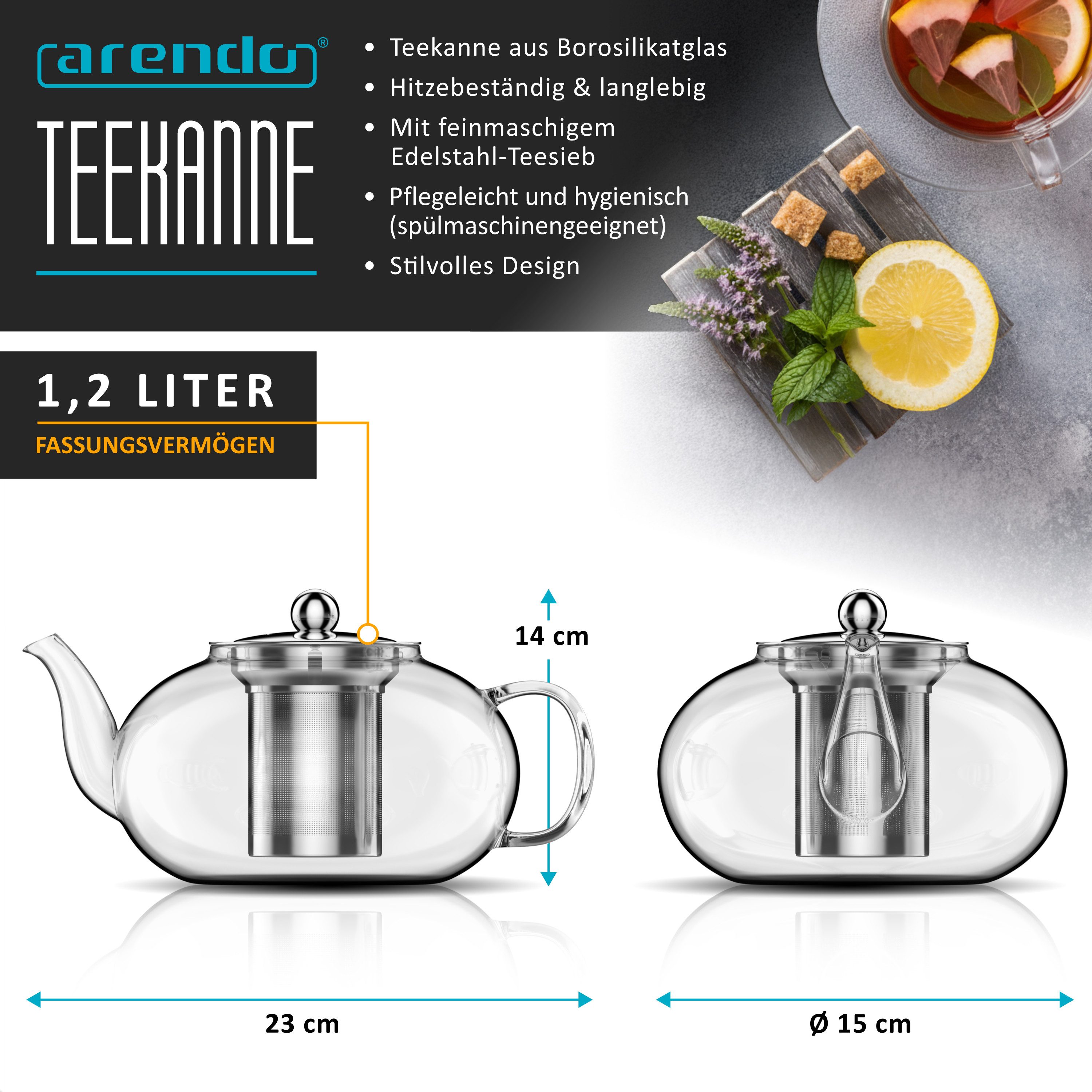 Arendo Teekanne mit Teesieb für losen Tee, Kräuter- & Früchtetee, Glas Teebereiter, 1,2 l, (Set, Glaskanne, Teefilter), Hitzebeständig, feinmaschiges Edelstahlsieb, spülmaschinengeeignet