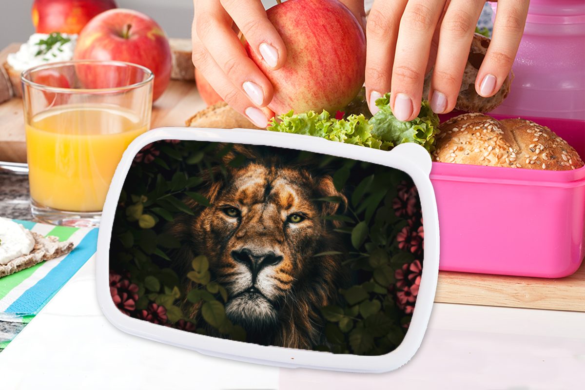 rosa - Mädchen, Kunststoff Erwachsene, Dschungel Löwe für Brotbox Kunststoff, Snackbox, Kinder, Pflanzen, Lunchbox (2-tlg), - - Brotdose Blumen MuchoWow