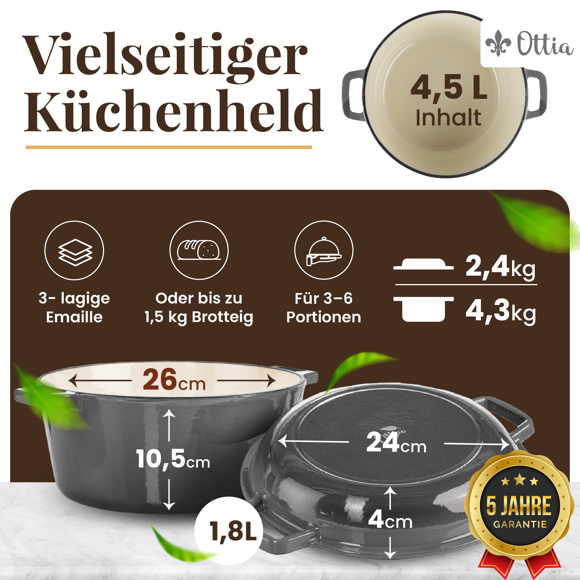 Ottia Schmortopf Gusseisen Topf, Brot backen, Dutch Oven, 2-in-1, 26cm, 5 Liter, Emaille, Gusseisen (inkl. E-Book), Händler aus Hamburg