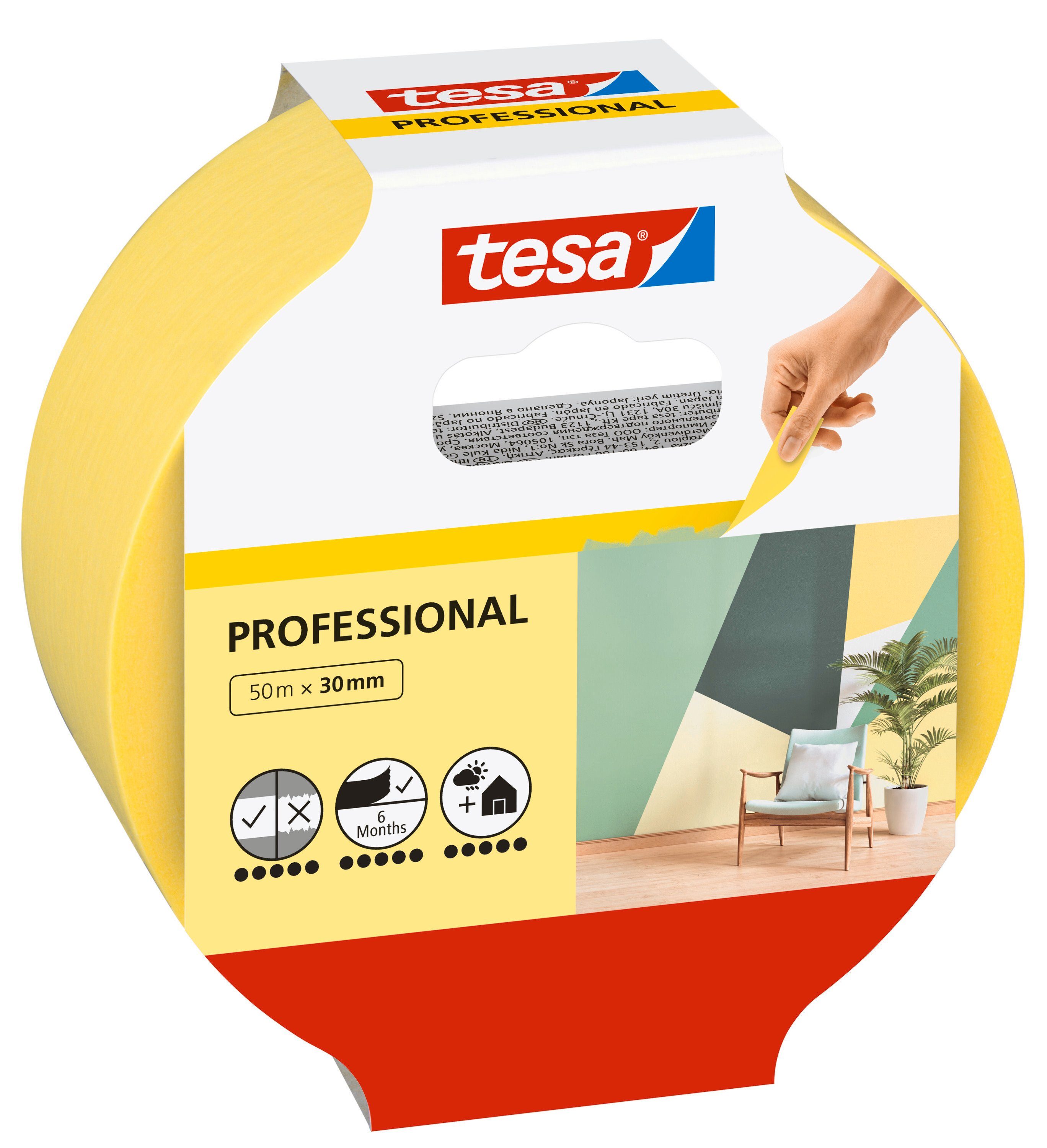 tesa Kreppband 1-St) - bei gelb PROFESSIONAL Abklebeband. sauberes Malerarbeiten Malerkrepp Malerband für Abkleben (Packung