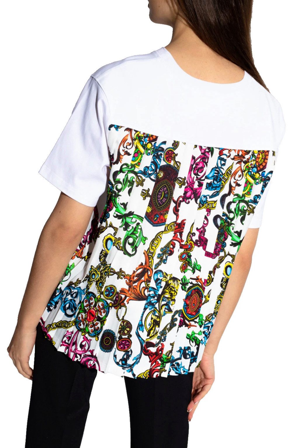 Versace T-Shirt Damen Bluse Barock Plissee Loose Fit Shirt Plissee-Verarbeitung mit Mehrfarbiges Barockmuster