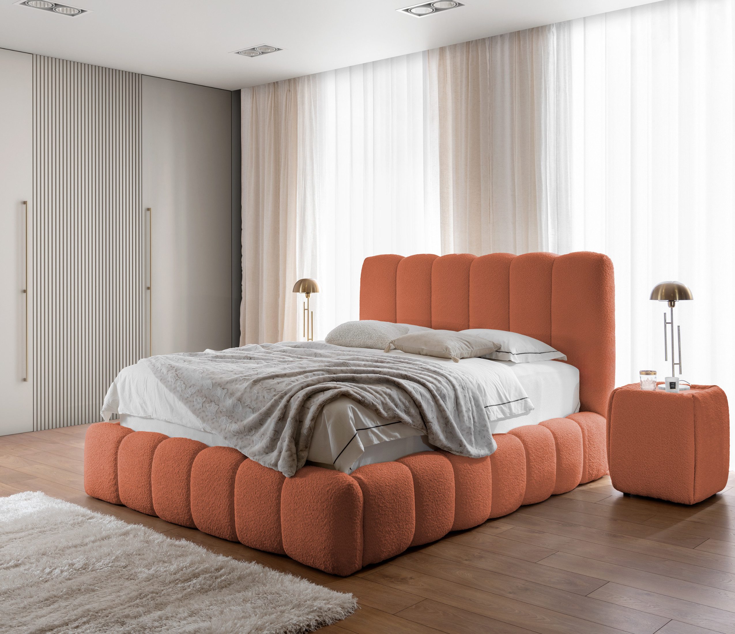 Friderik-EU Polsterbett CANDE mit Bettkasten, Lattenrost und gepolstertem Kopfteil, Wolkenbett (Doppelbett mit Stauraum, Stabilem Holzrahmen, Bouclé-Stoff)