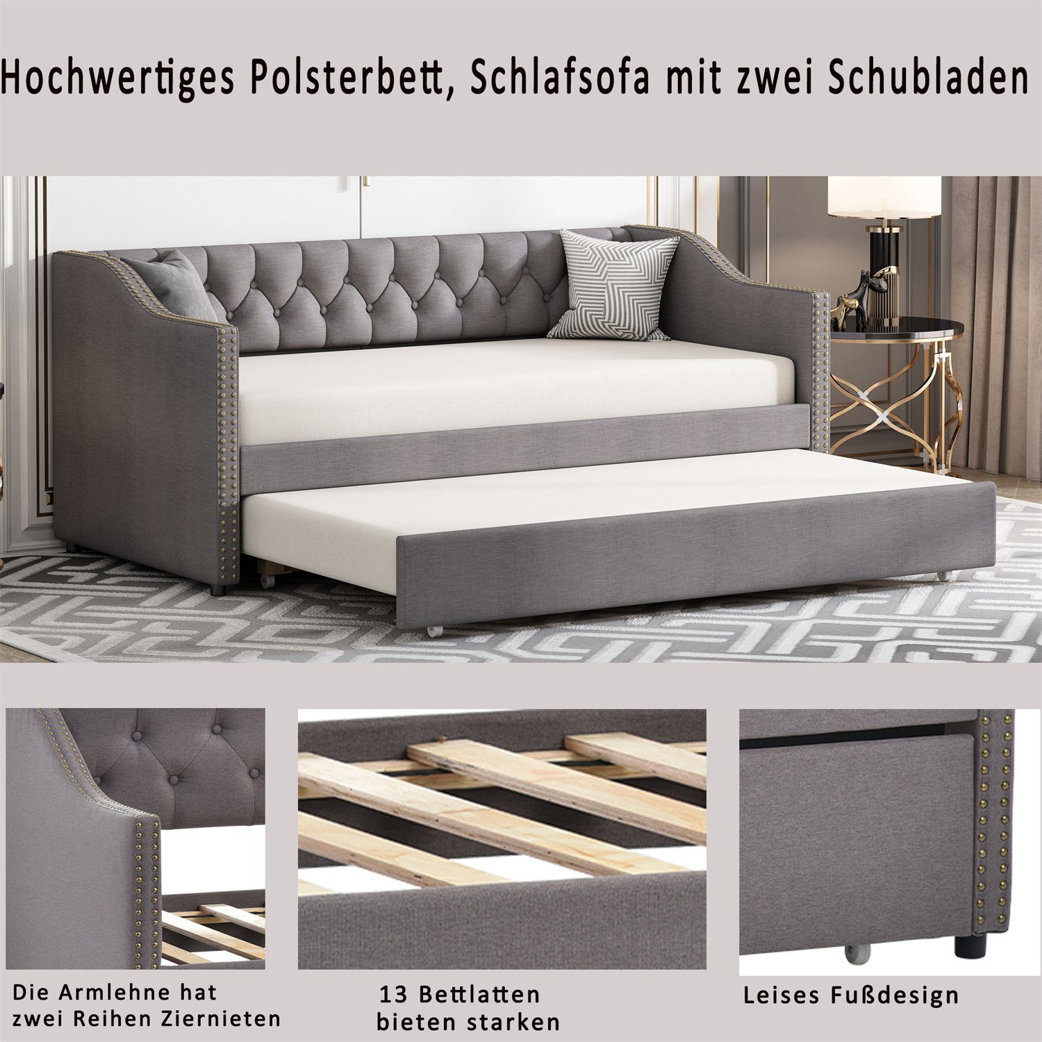 Daybett (Polsterbett mit Ausziehbarem Unterbett und Lattenrost), Schlafsofa Kinderbett Gästebett 90x200cm, Leinen
