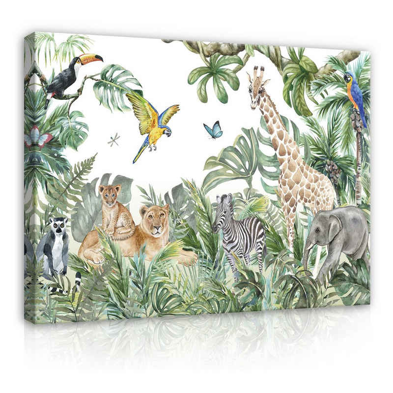 Wallarena Leinwandbild Kinderzimmer Jungen Dschungel Tiere Wandbild XXL Leinwandbilder Modern, Tiere im Dschungel (Einteilig), Aufhängefertig