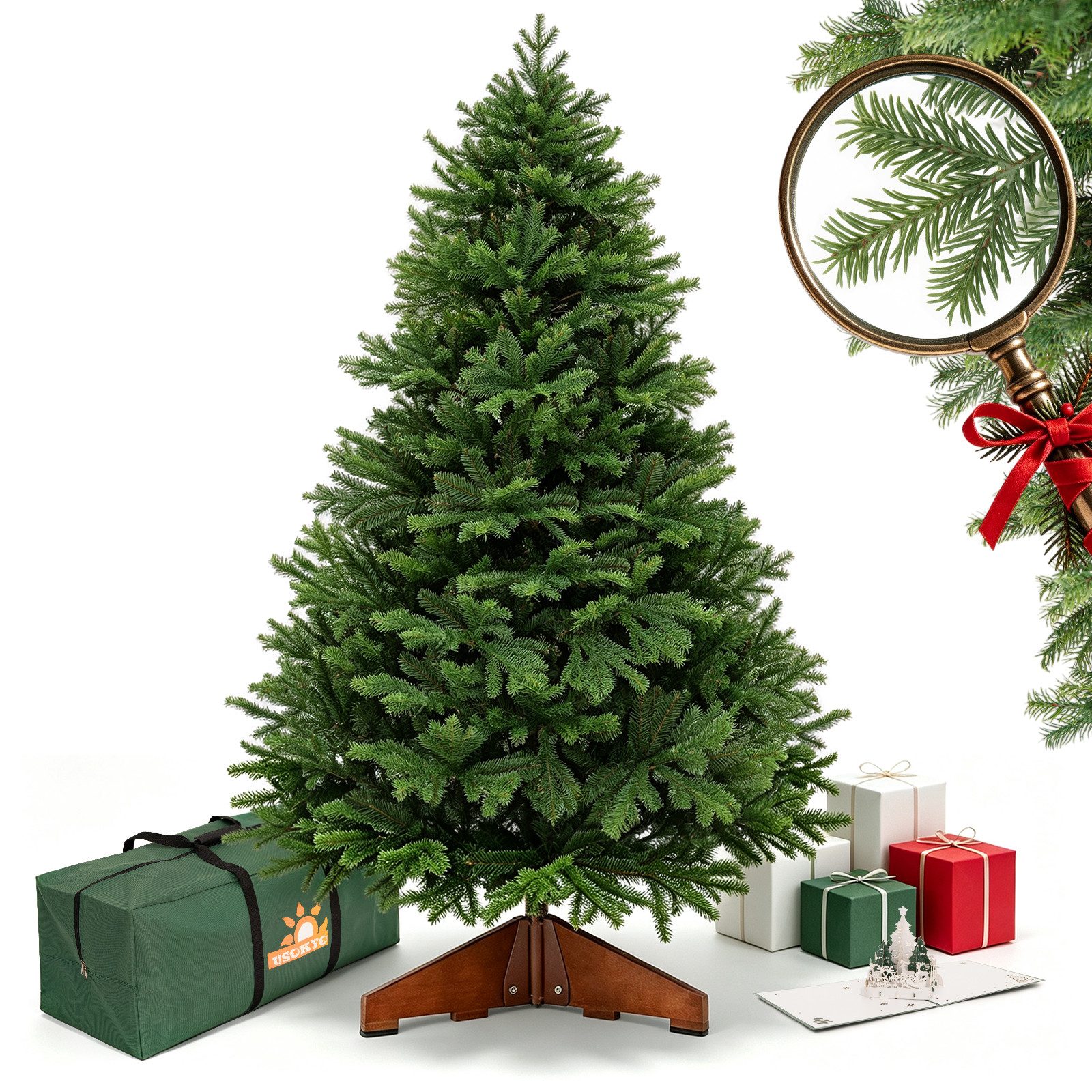 USOKYO Künstlicher Weihnachtsbaum Weihnachtsbaum 120/180/210 cm auswählbar,Tannenbaum aus PE und PVC, Tannenbaum, Naturgetreu,Dichte Zweige Christmas tree mit Holzständer für zimmer