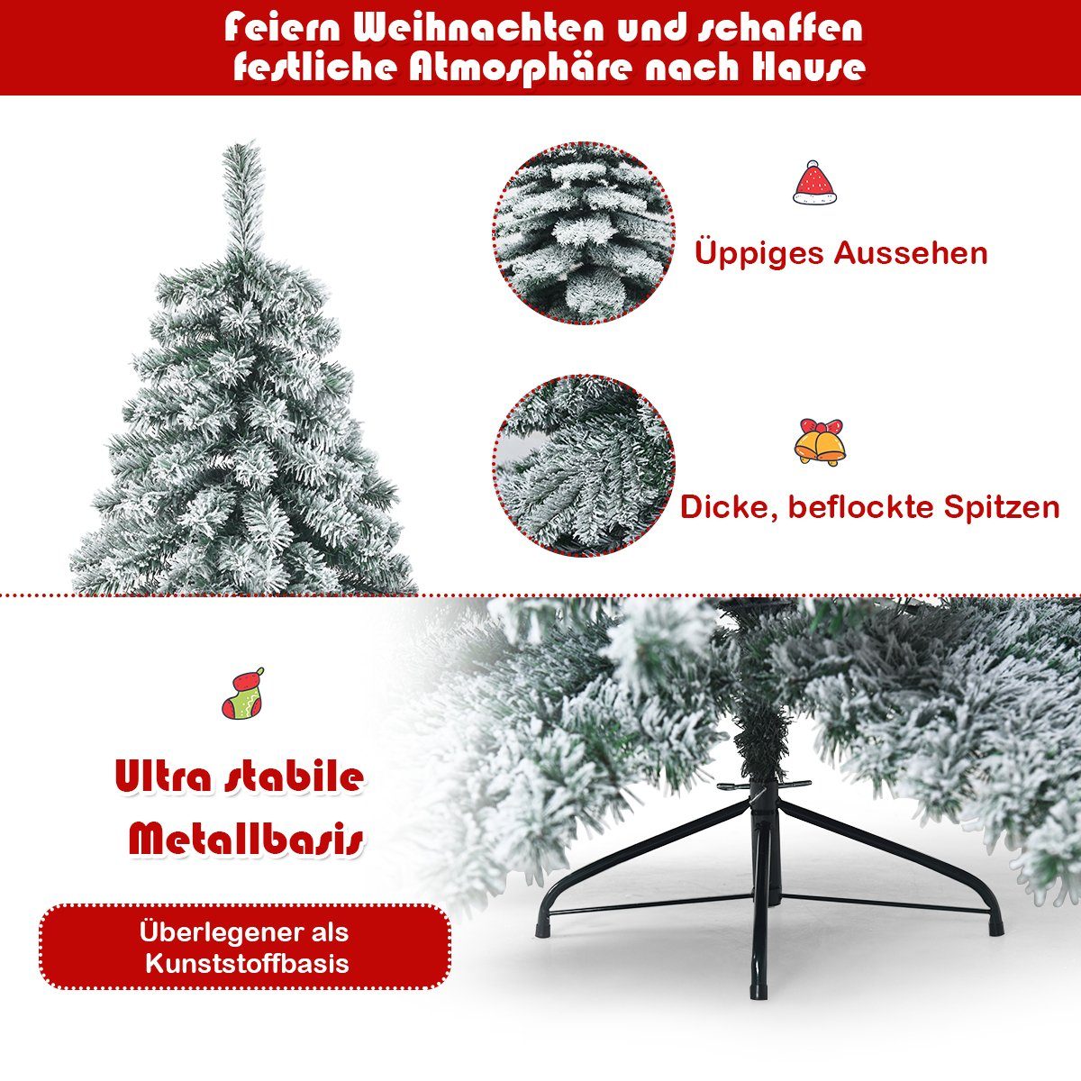 COSTWAY Künstlicher Weihnachtsbaum, 657 PVC Spitzen mit Schnee, Metallständer